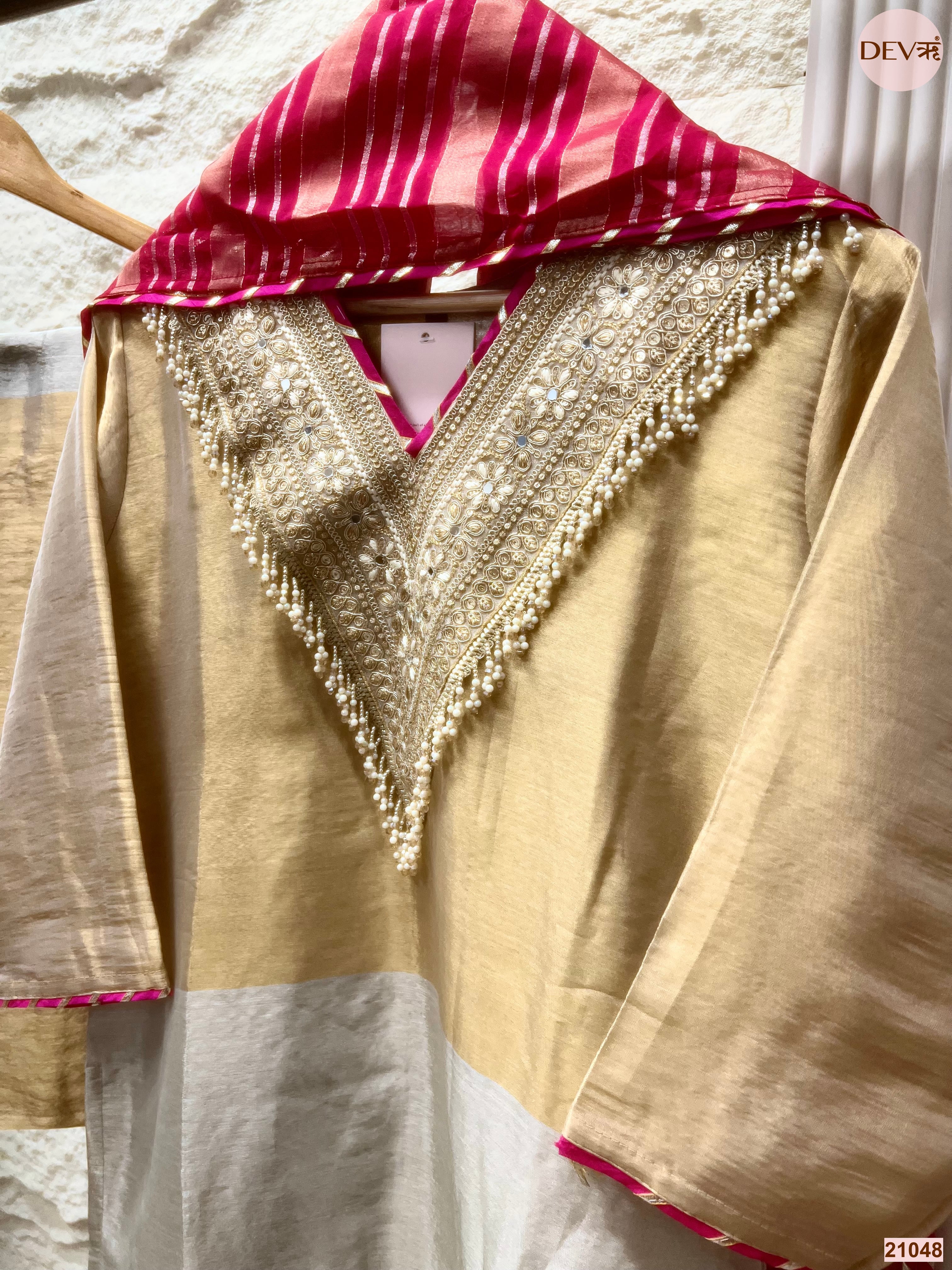 Zareen Tissue Silk Embroidered Gold 3-Piece Set (Devri – D.No 21048)