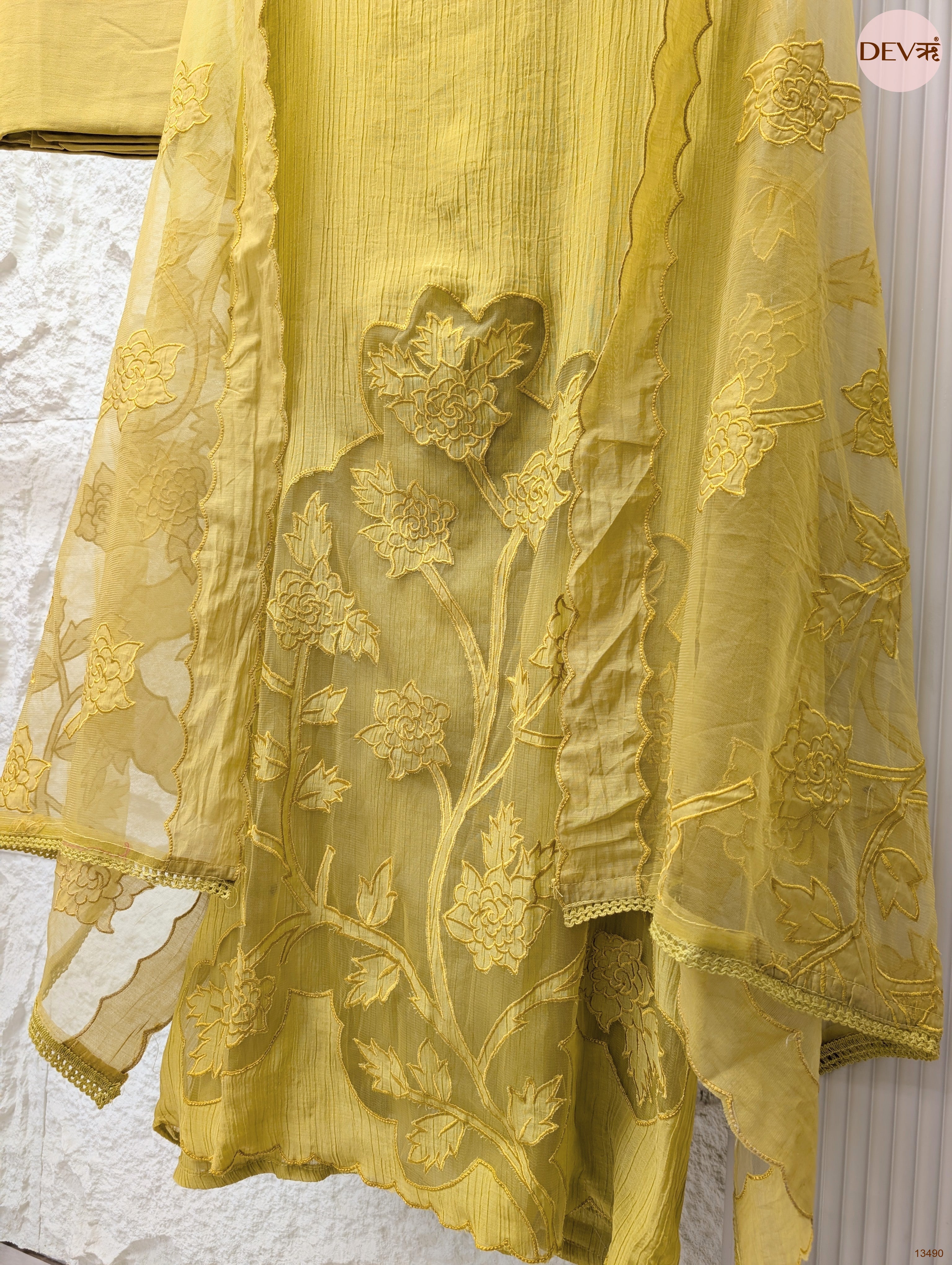 Mustard Mul Crush Embroidered Unstitched 3-Piece Suit (Devri – D.No 13490)