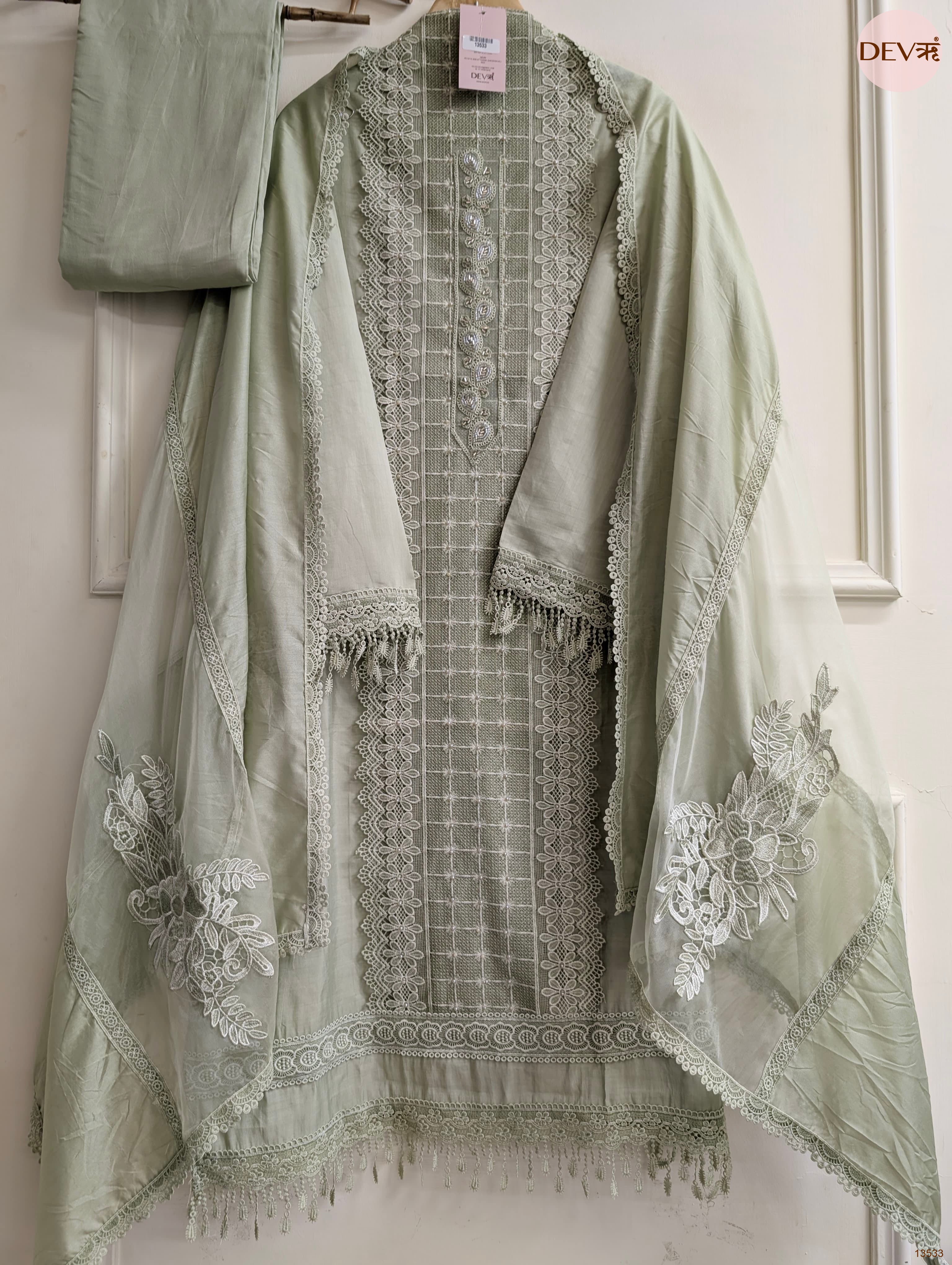 Sage Modal Silk Embroidered Unstitched 3-Piece Suit (Devri – D.No 13533)
