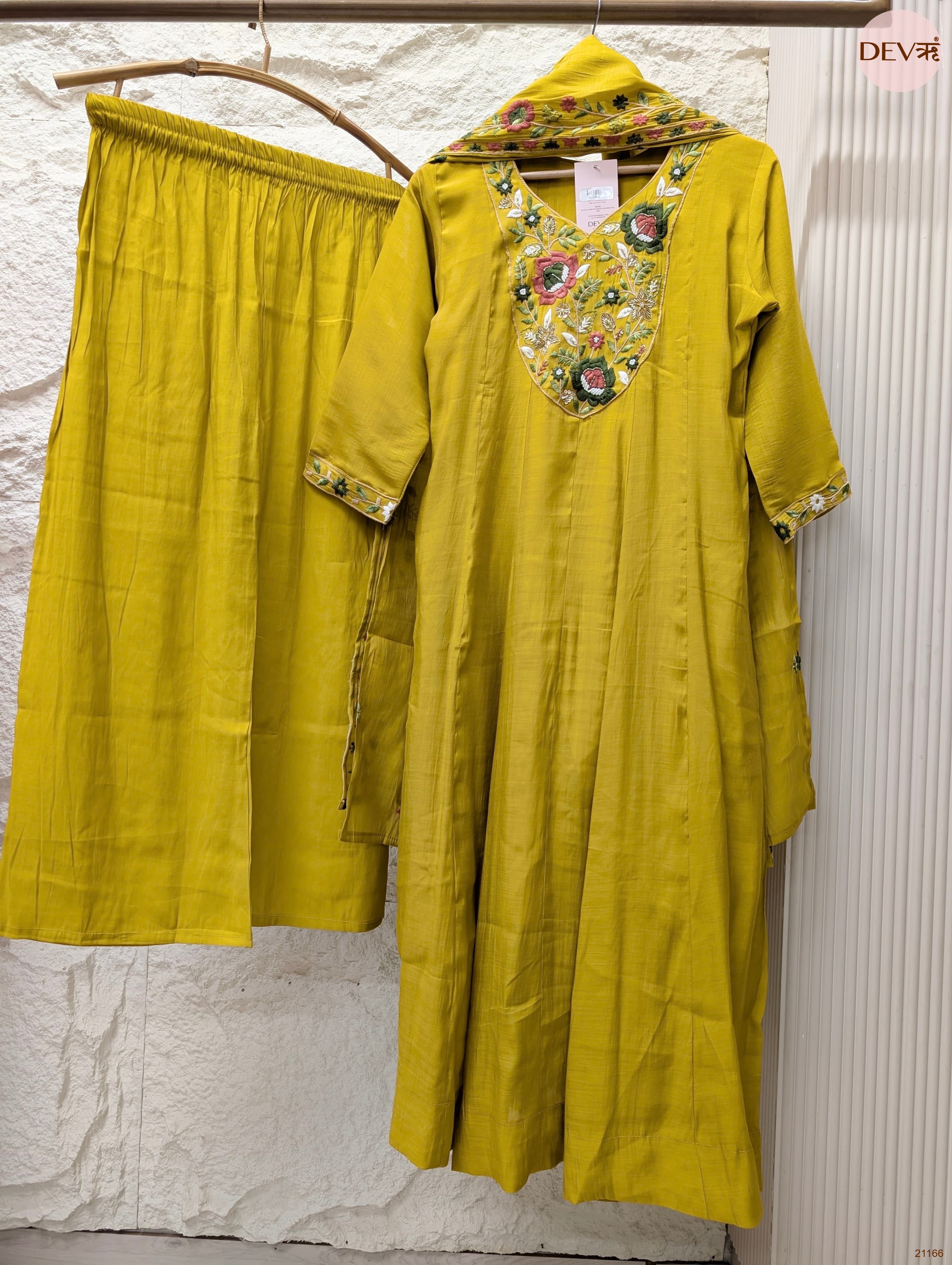 Gulnaar Mul Chanderi Embroidered Mustard 3-Piece Set (Devri – D.No 21166)