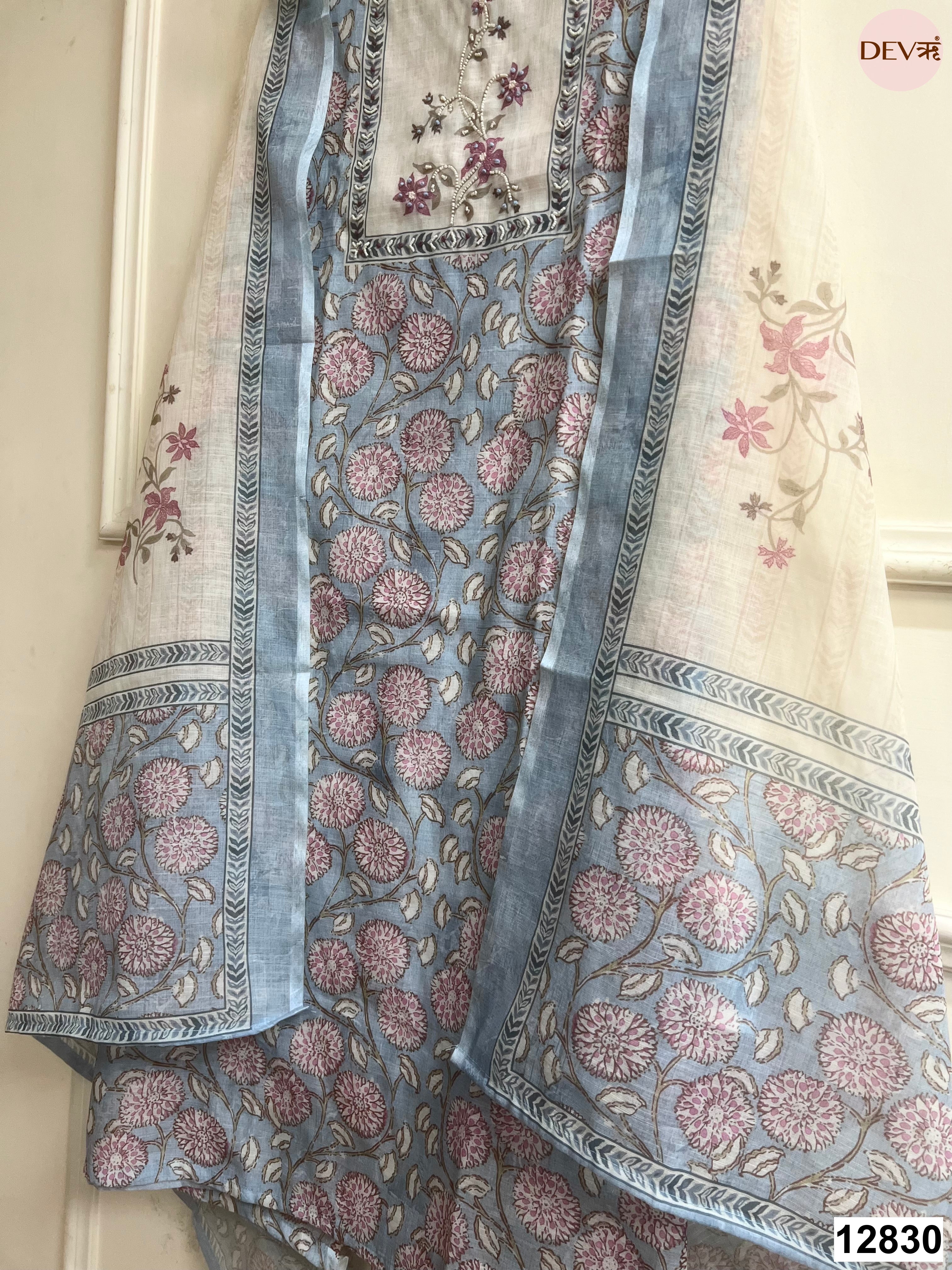 Blue Linen Cotton Printed Unstitched 3-Piece Suit (Devri – D.No 12830)