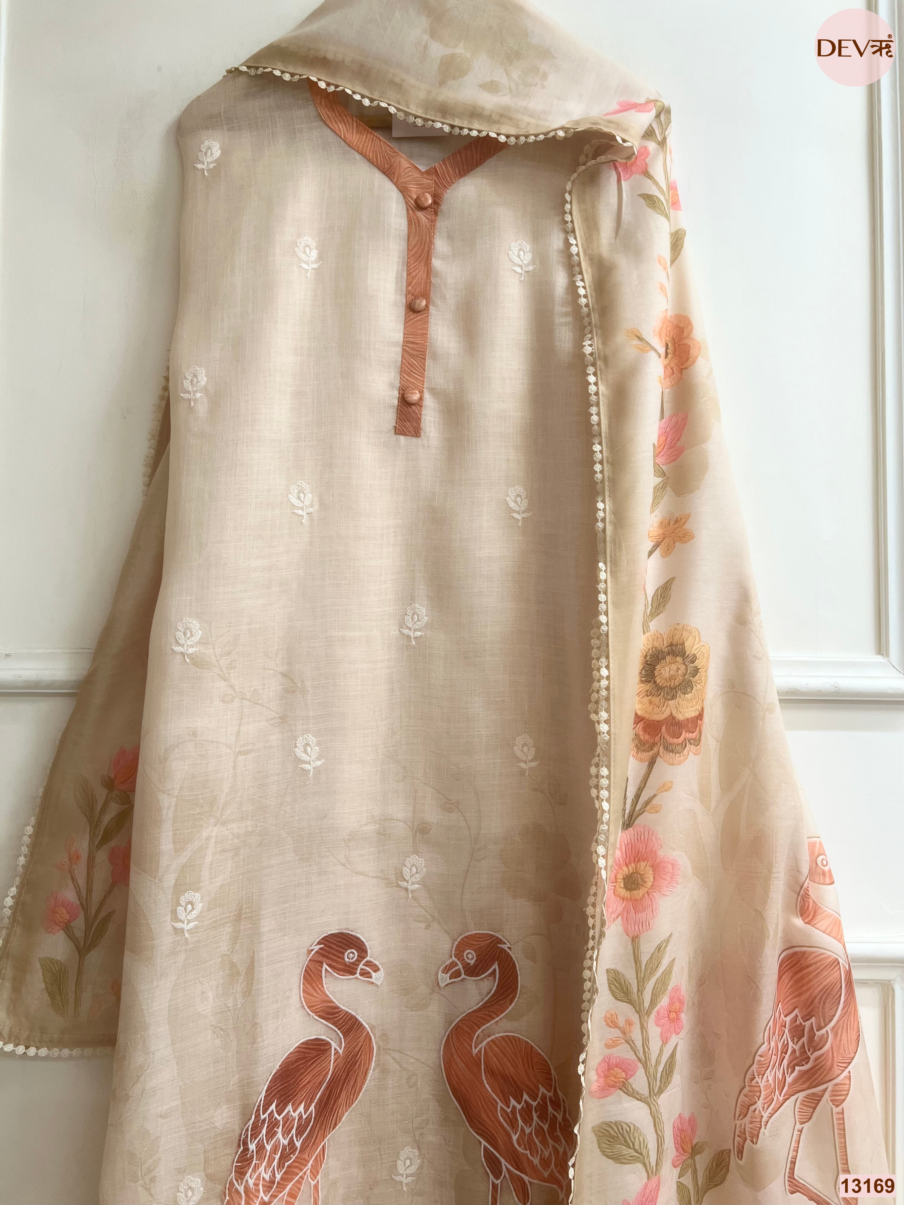 Beige Linen Cotton Printed Unstitched 3-Piece Suit (Devri – D.No 13169)