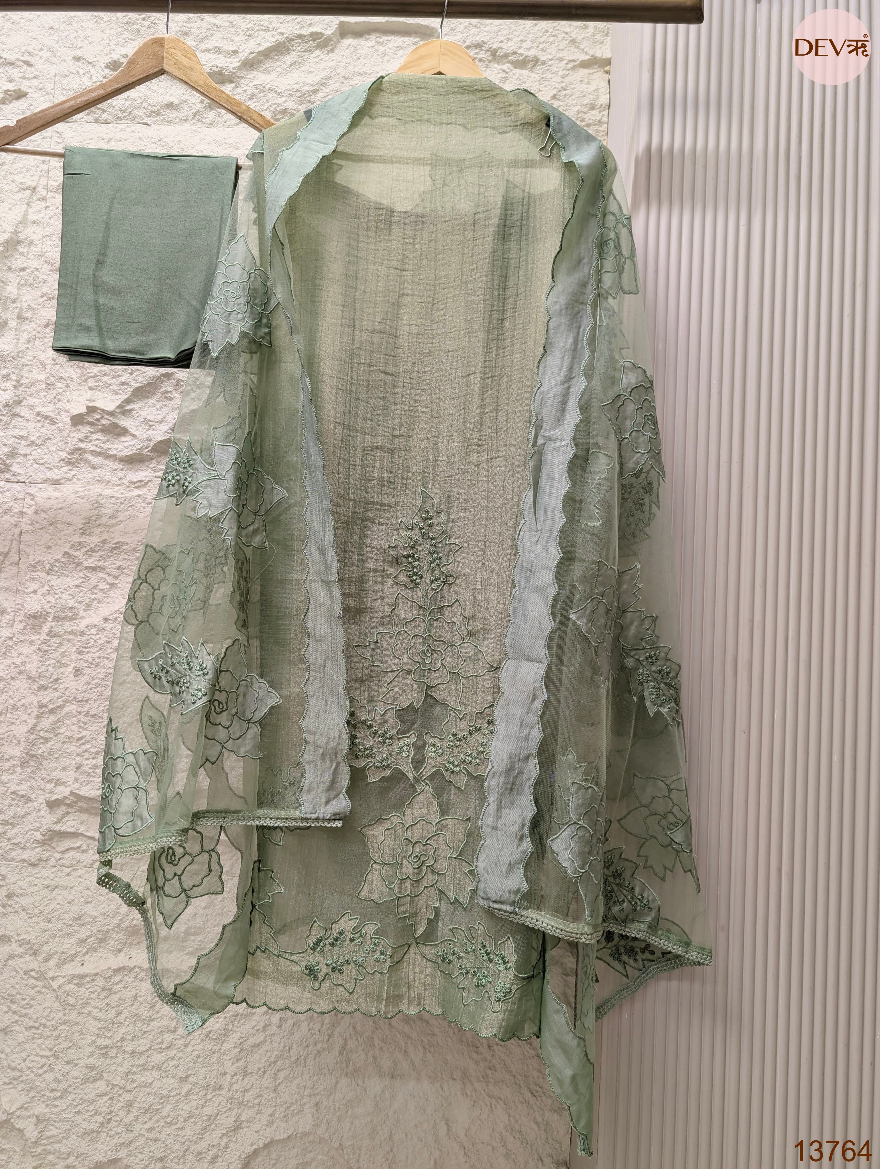 Sage Tissue Silk Embroidered Unstitched 3-Piece Suit (Devri – D.No 13764)