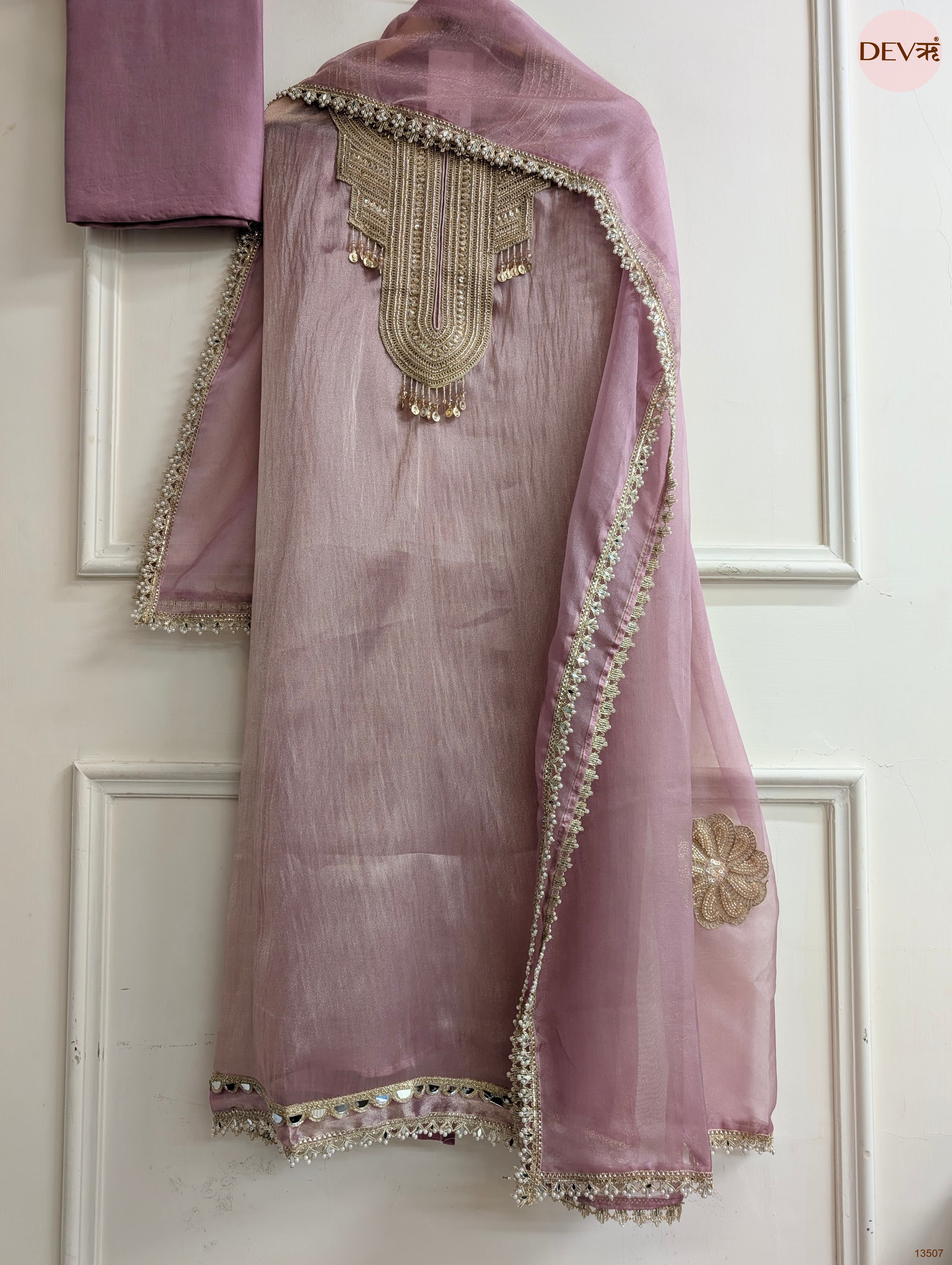 Pink Tissue Silk Hand Unstitched 3-Piece Suit (Devri – D.No 13507)