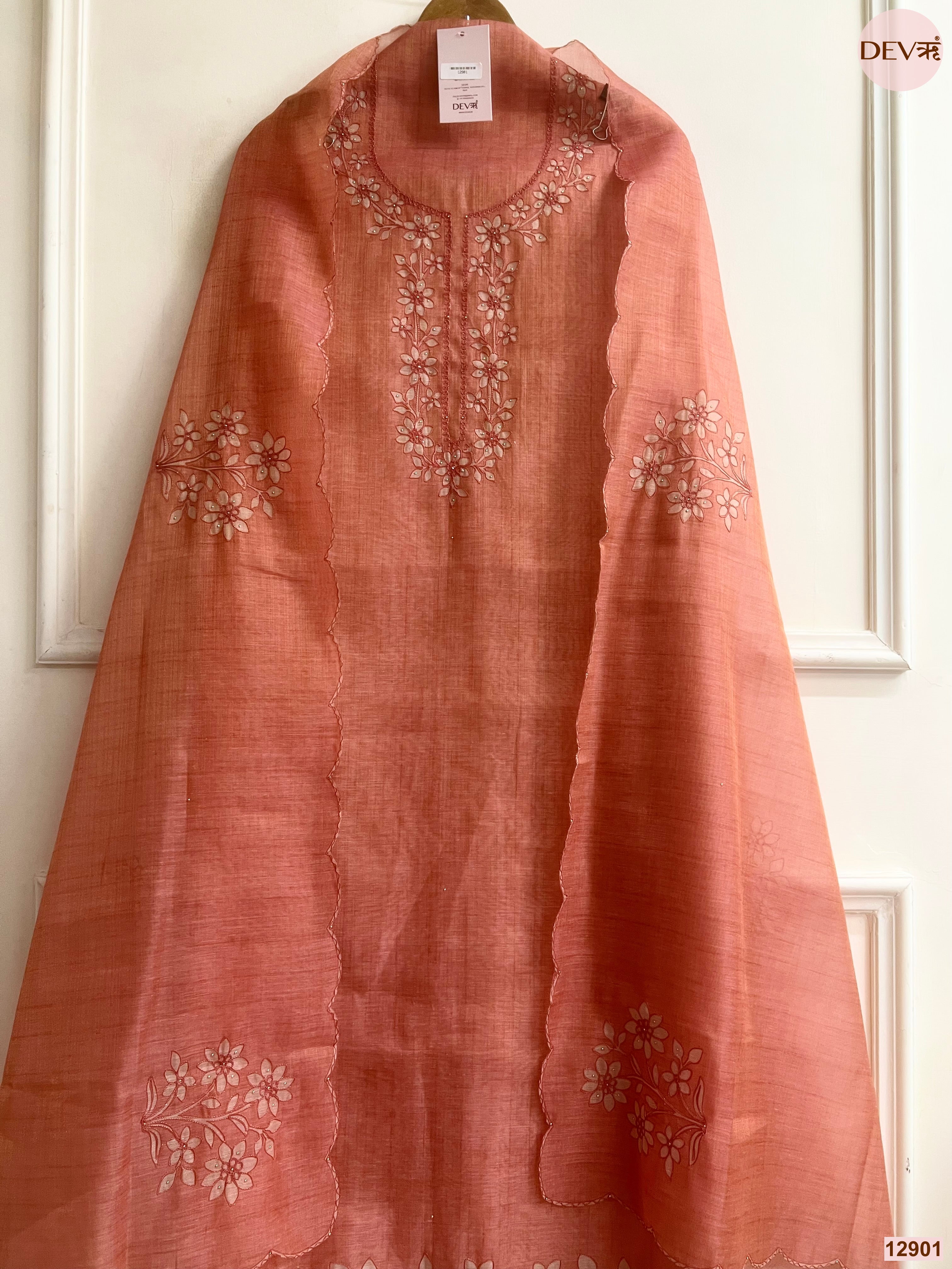 Peach Linen Embroidered Unstitched 3-Piece Suit (Devri – D.No 12901)