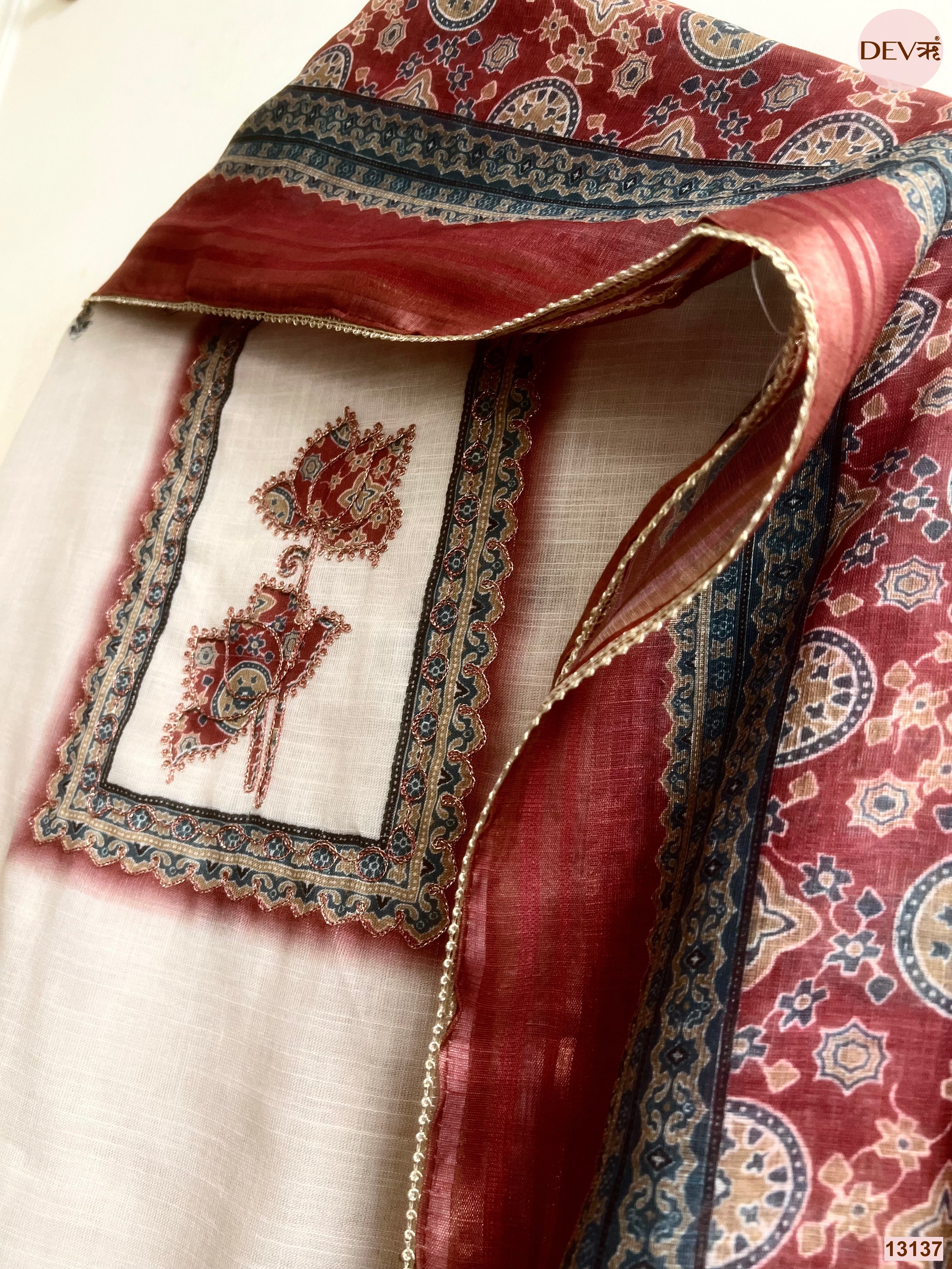Cream Linen Printed Unstitched 3-Piece Suit (Devri – D.No 13137)