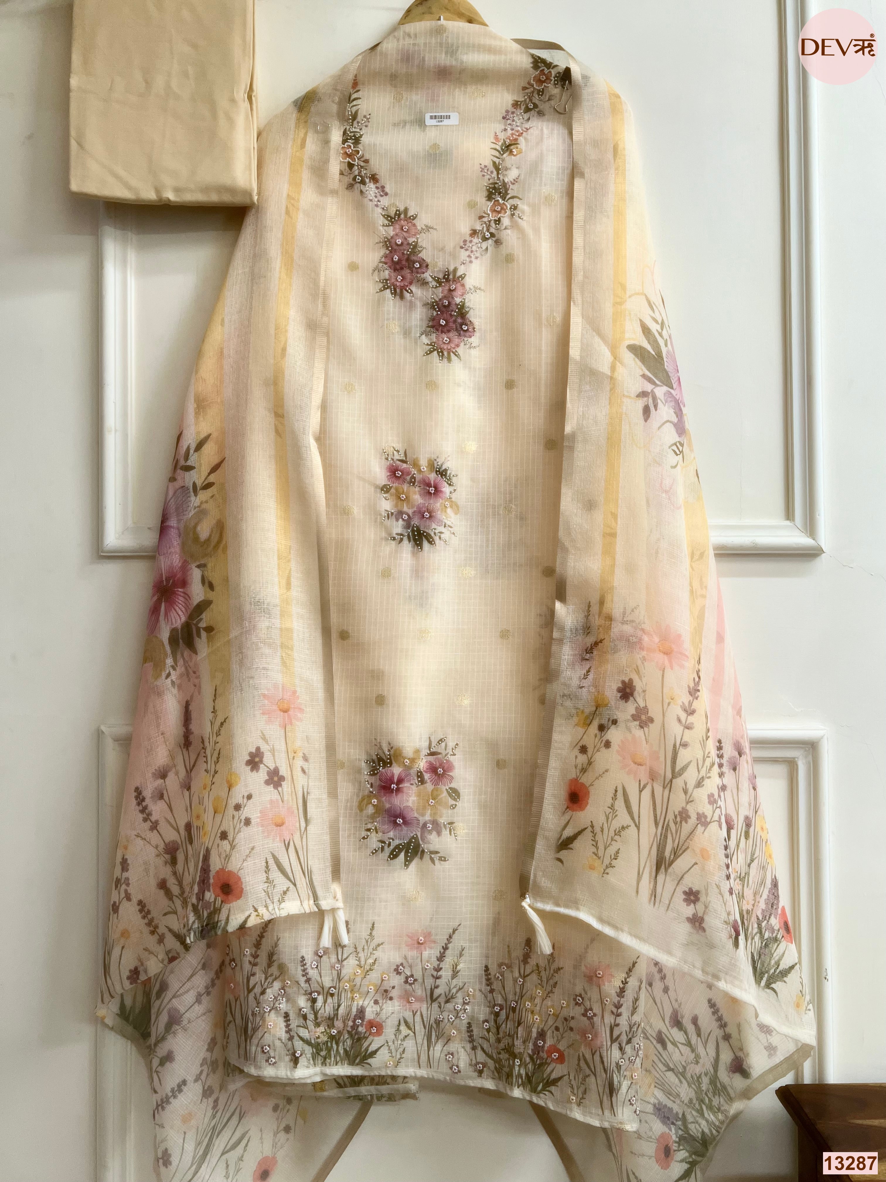Cream Kota Cotton Printed Unstitched 3-Piece Suit (Devri – D.No 13287)
