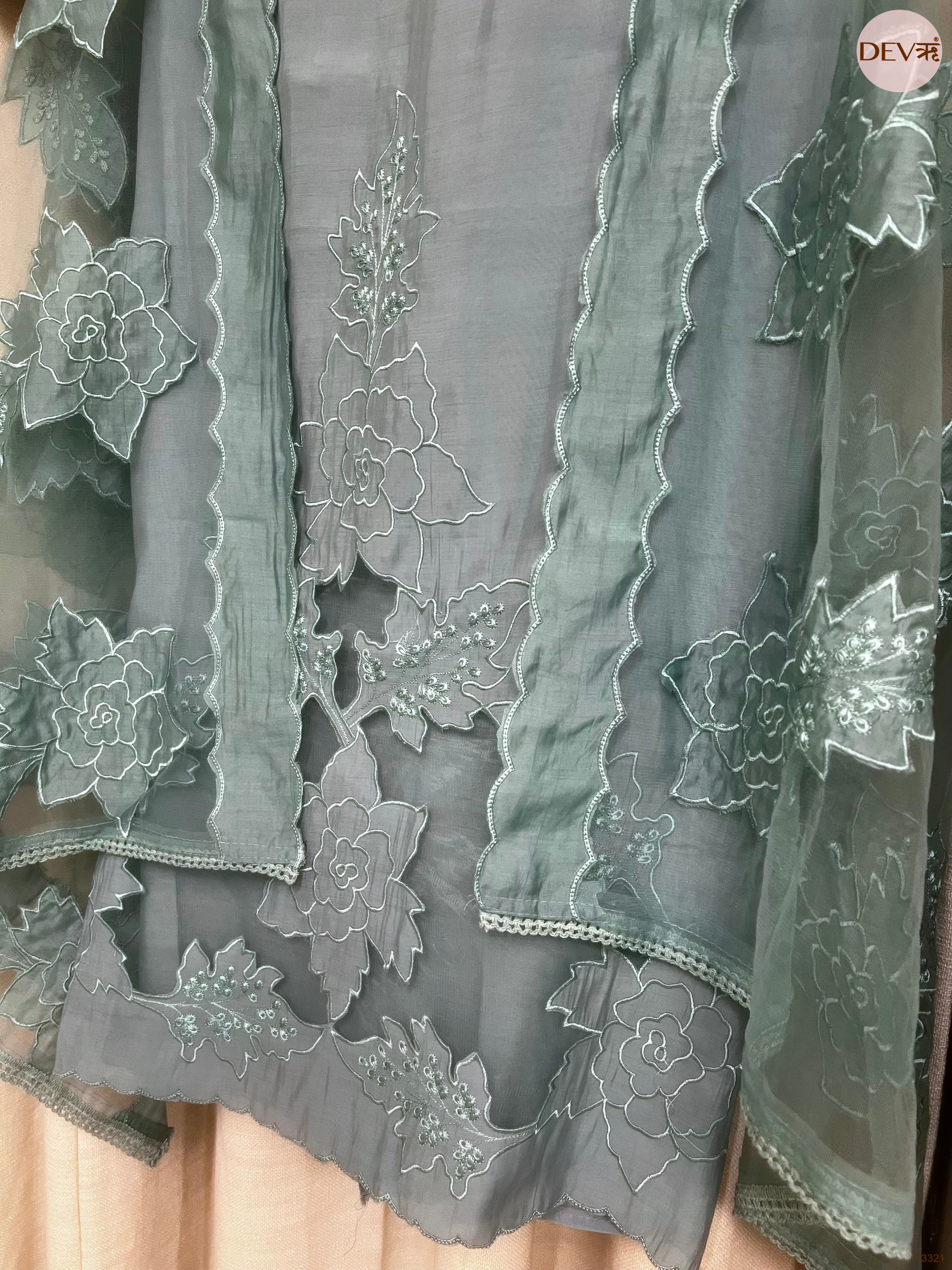 Teal Mul chanderi Embroidered Unstitched 3-Piece Suit (Devri – D.No 13321)