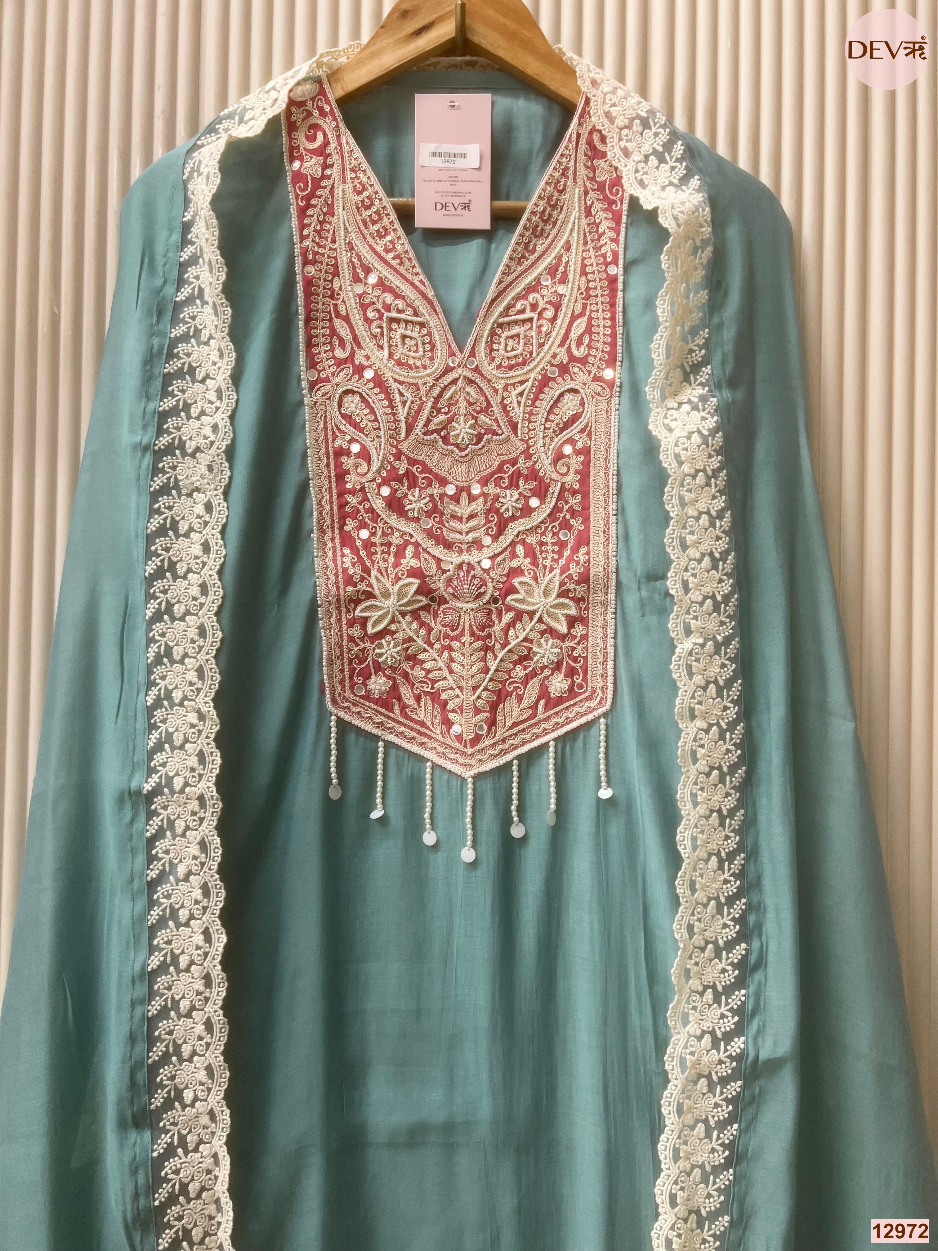 Teal Mul Chanderi Embroidered Unstitched 3-Piece Suit (Devri – D.No 12972)