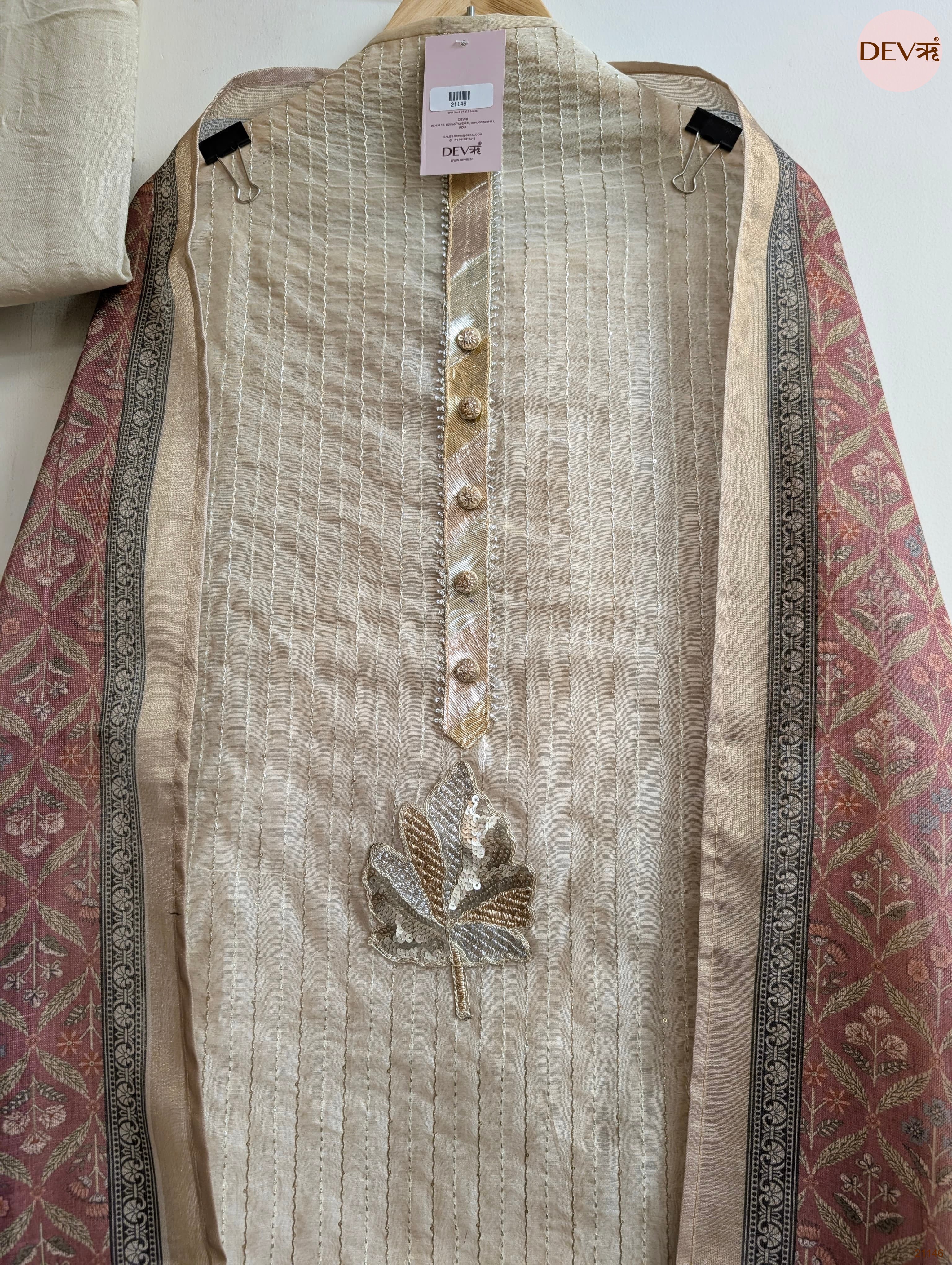 Cream Pure Chanderi Embroidered Unstitched 3-Piece Suit (Devri – D.No 21146)