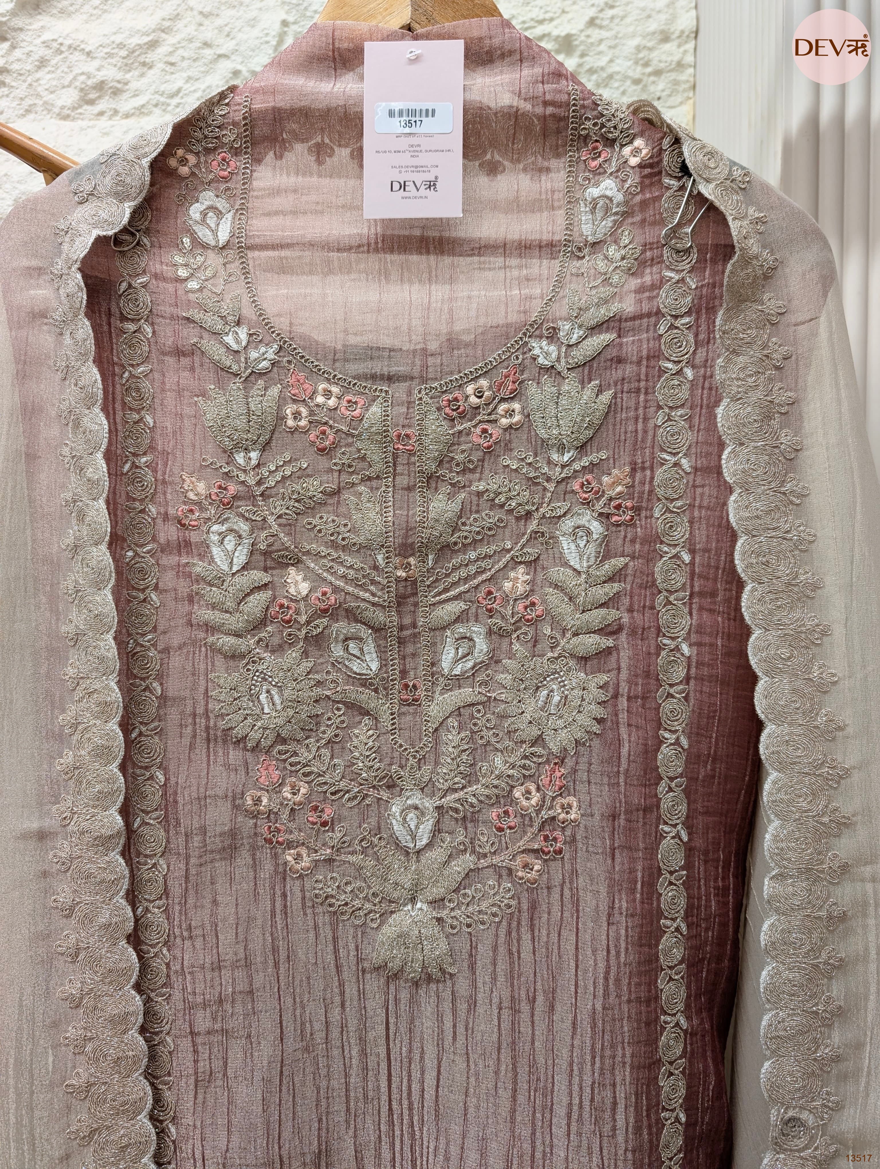 Pink Tissue Silk Embroidered Unstitched 3-Piece Suit (Devri – D.No 13517)