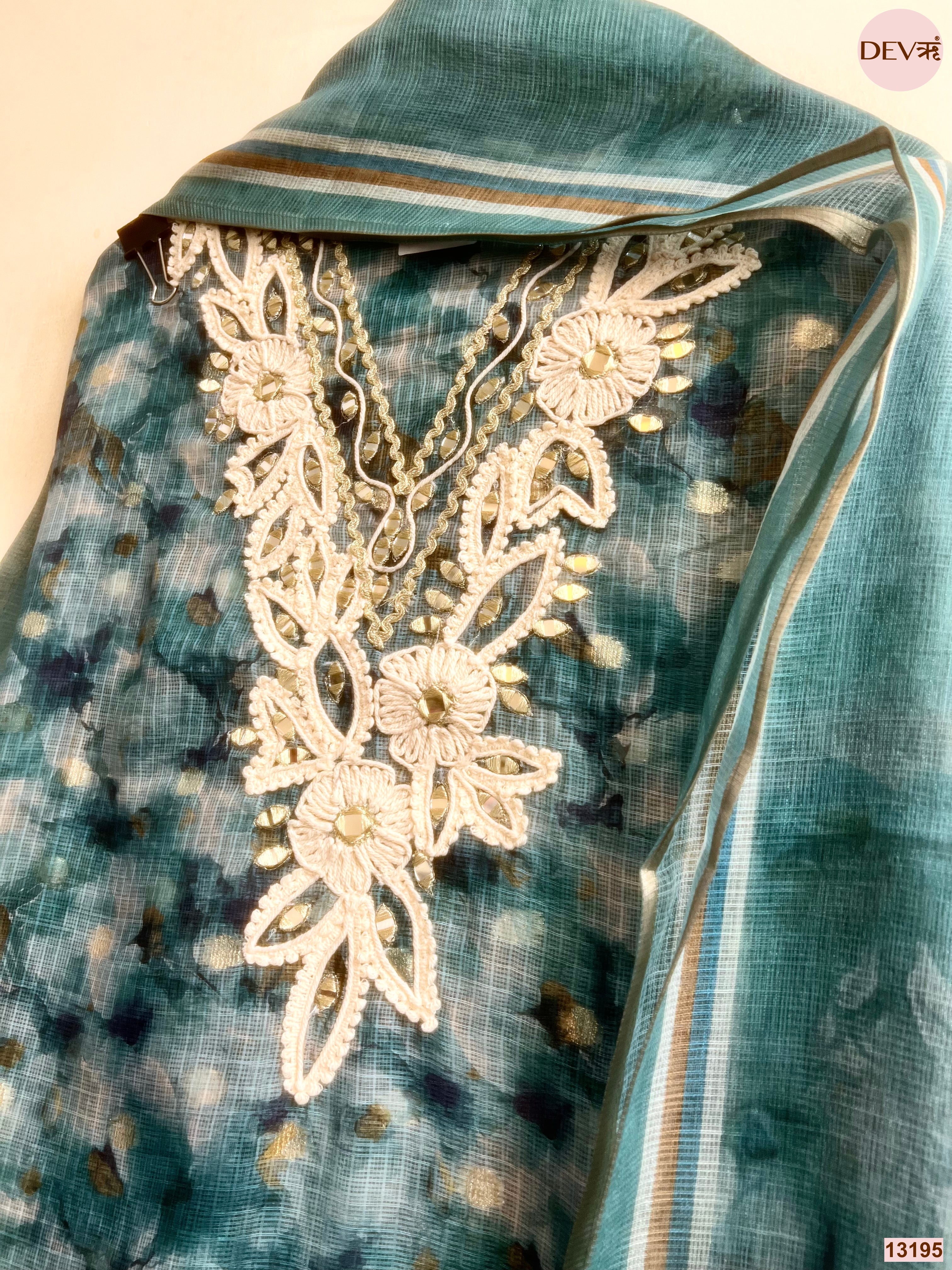 Teal Kota Zari Embroidered Unstitched 3-Piece Suit (Devri – D.No 13195)