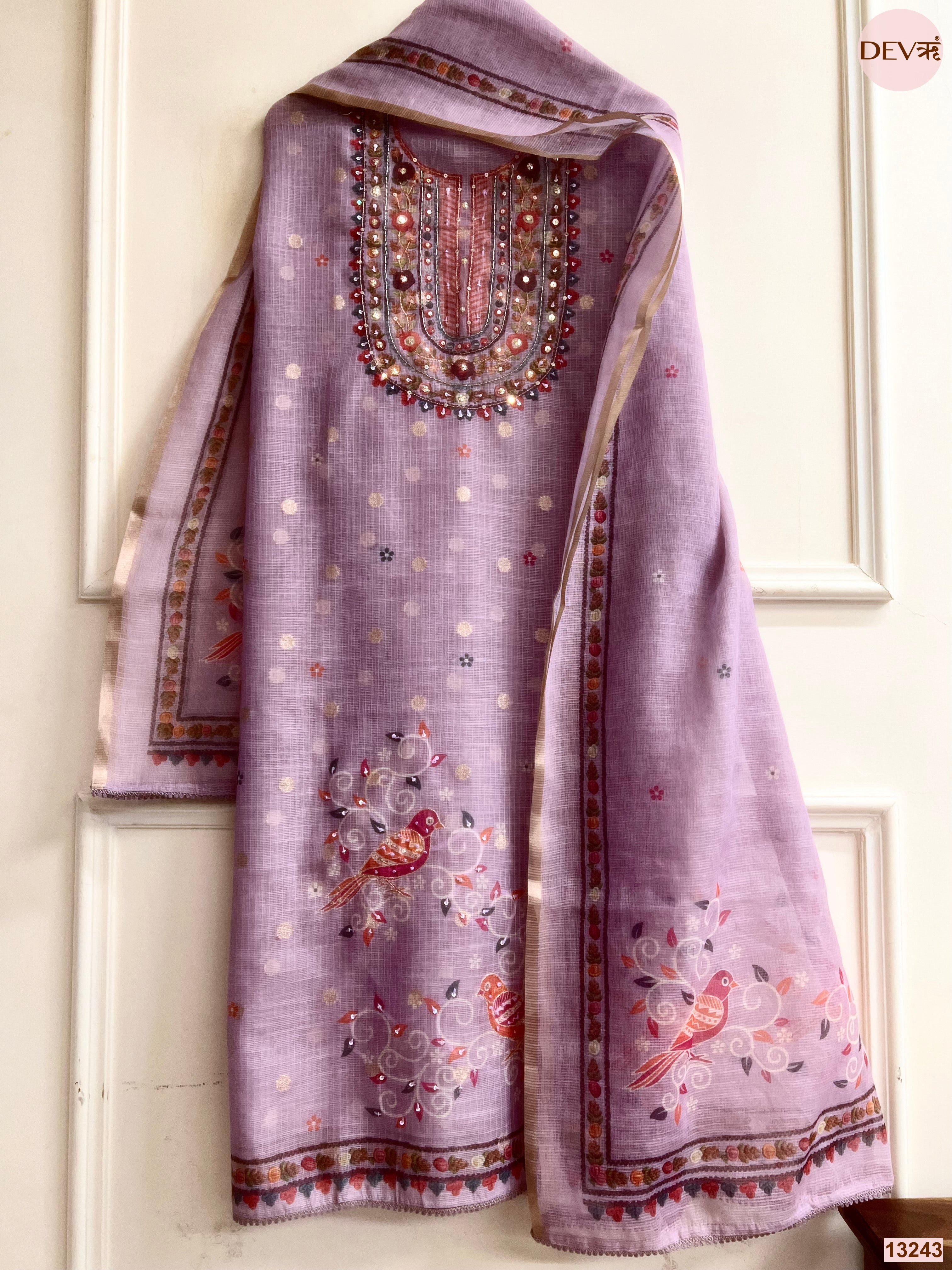 Lavender Kota Printed Unstitched 3-Piece Suit (Devri – D.No 13243)