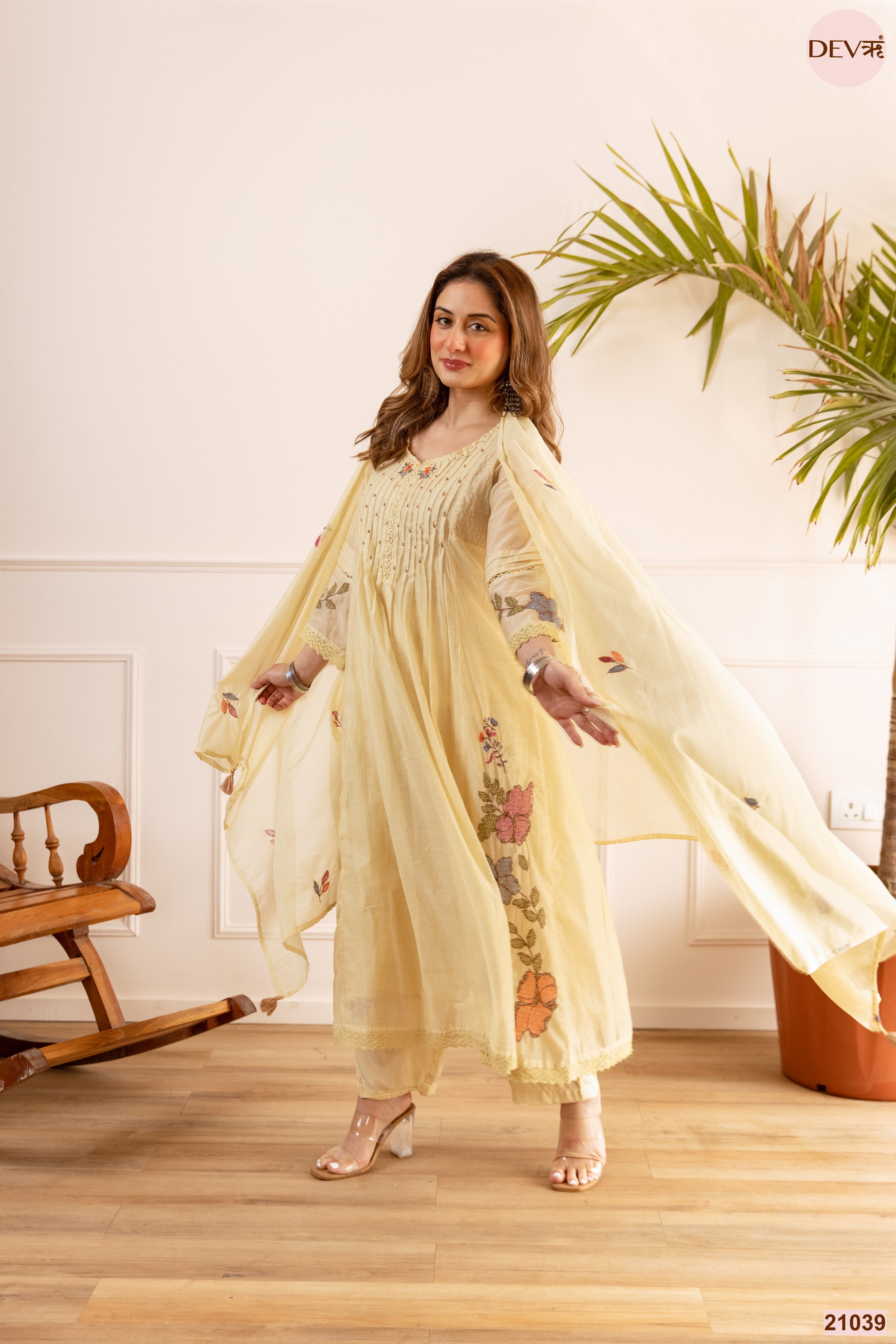 Gulnaar Net Chanderi Embroidered Yellow 3-Piece Set (Devri – D.No 21039)