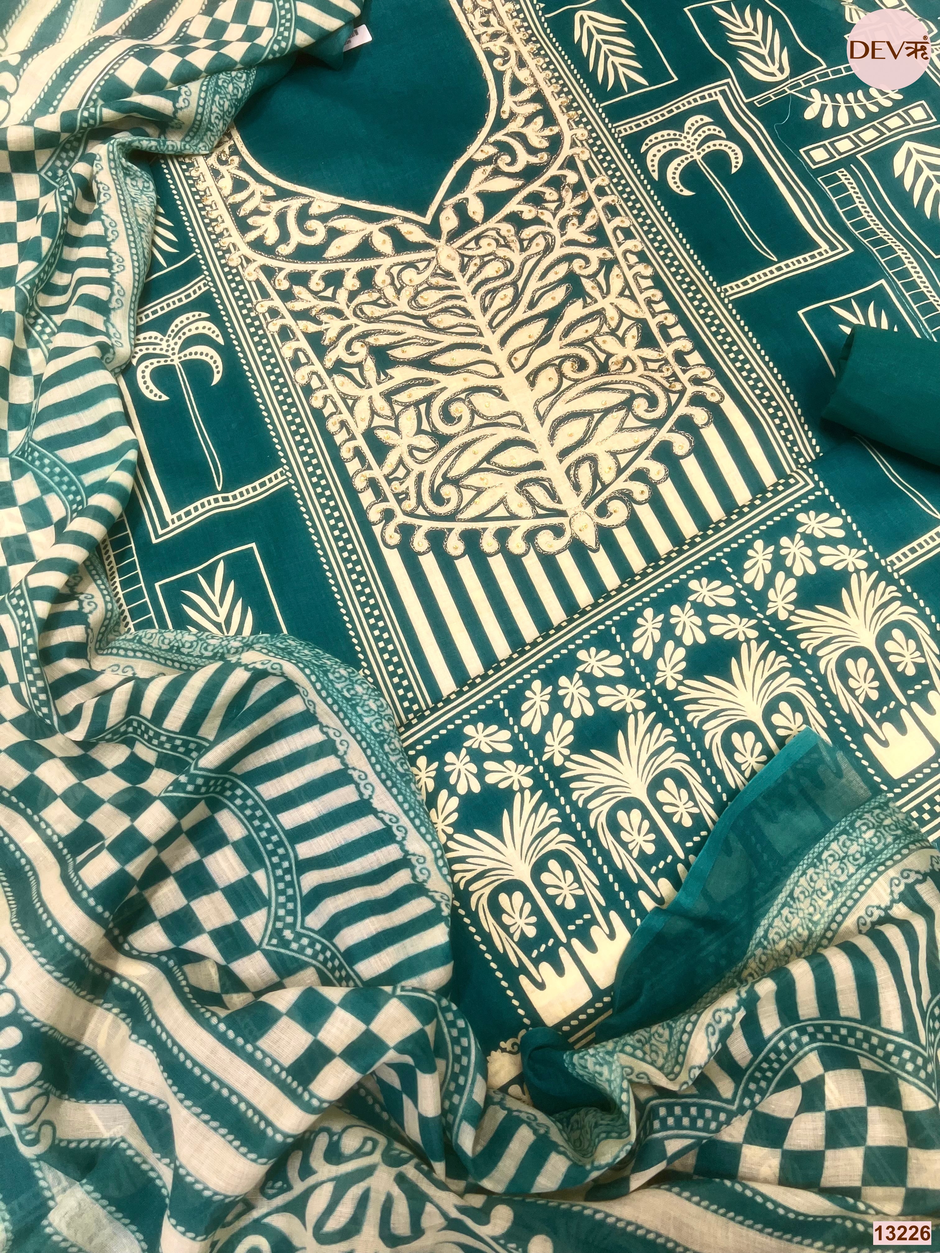 Teal Cotton Printed Unstitched 3-Piece Suit (Devri – D.No 13226)