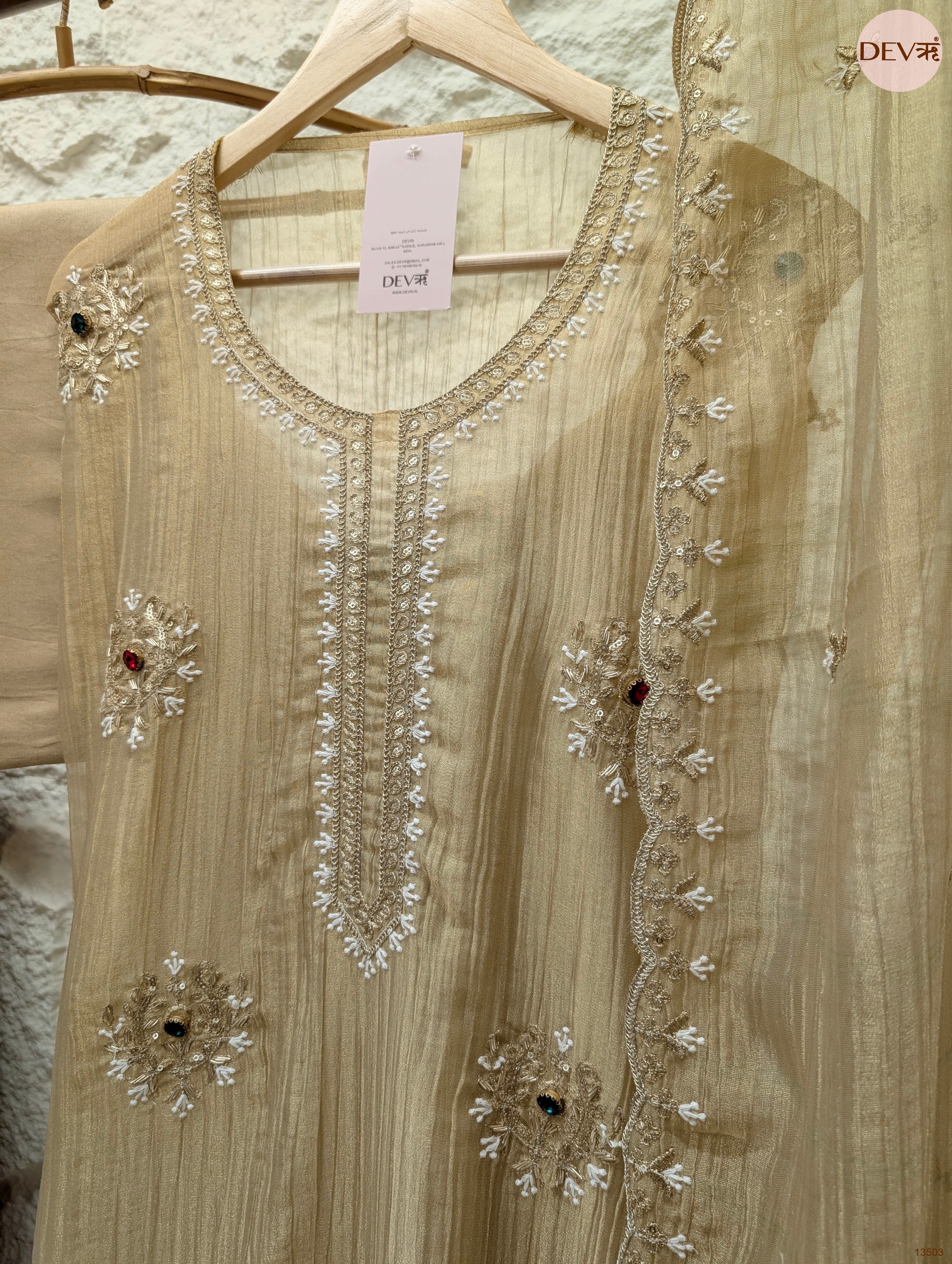 Beige Tissue Crush Silk Embroidered Unstitched 3-Piece Suit (Devri – D.No 13503)
