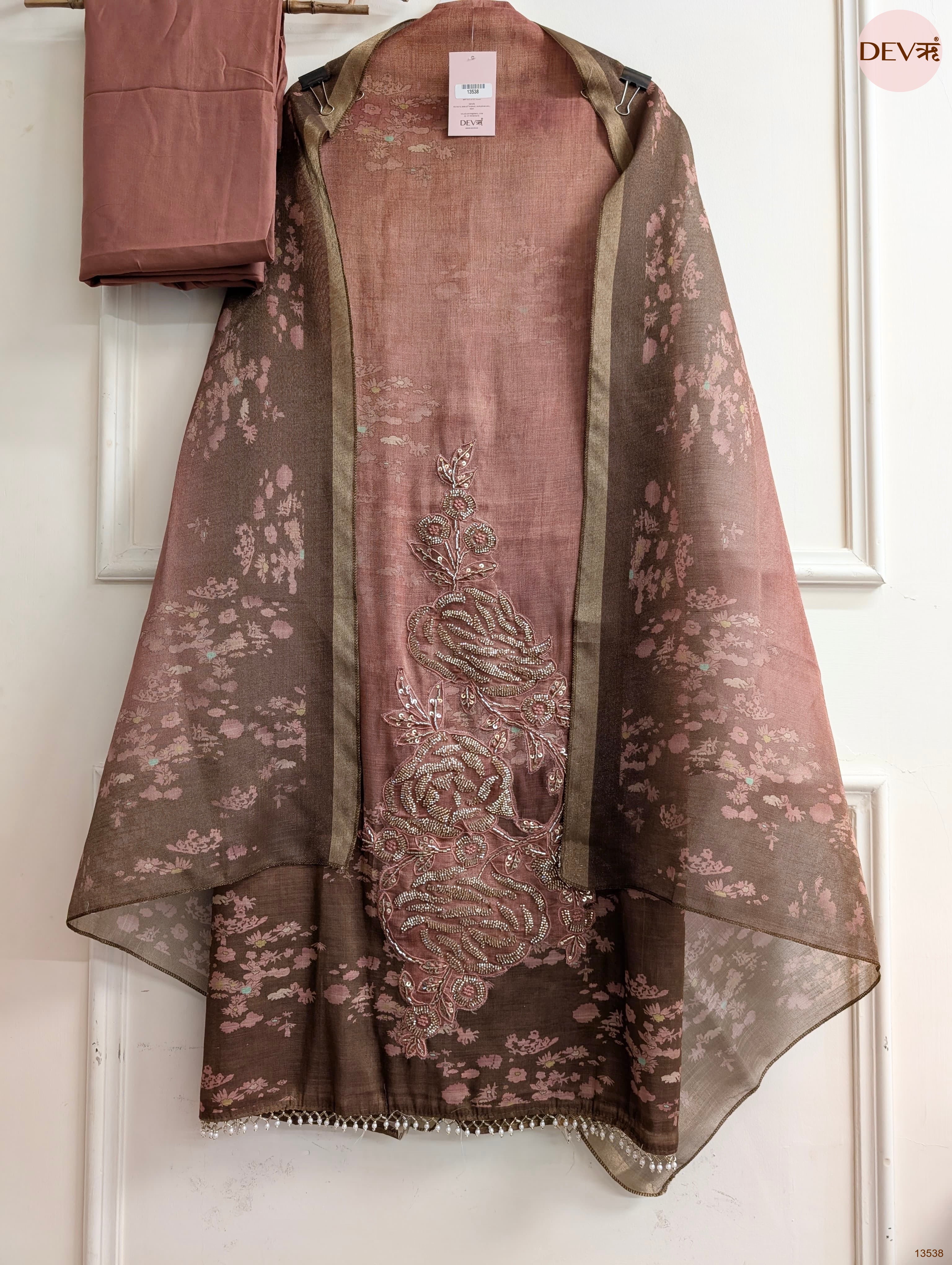 Brown Linen Cotton Printed Unstitched 3-Piece Suit (Devri – D.No 13538)
