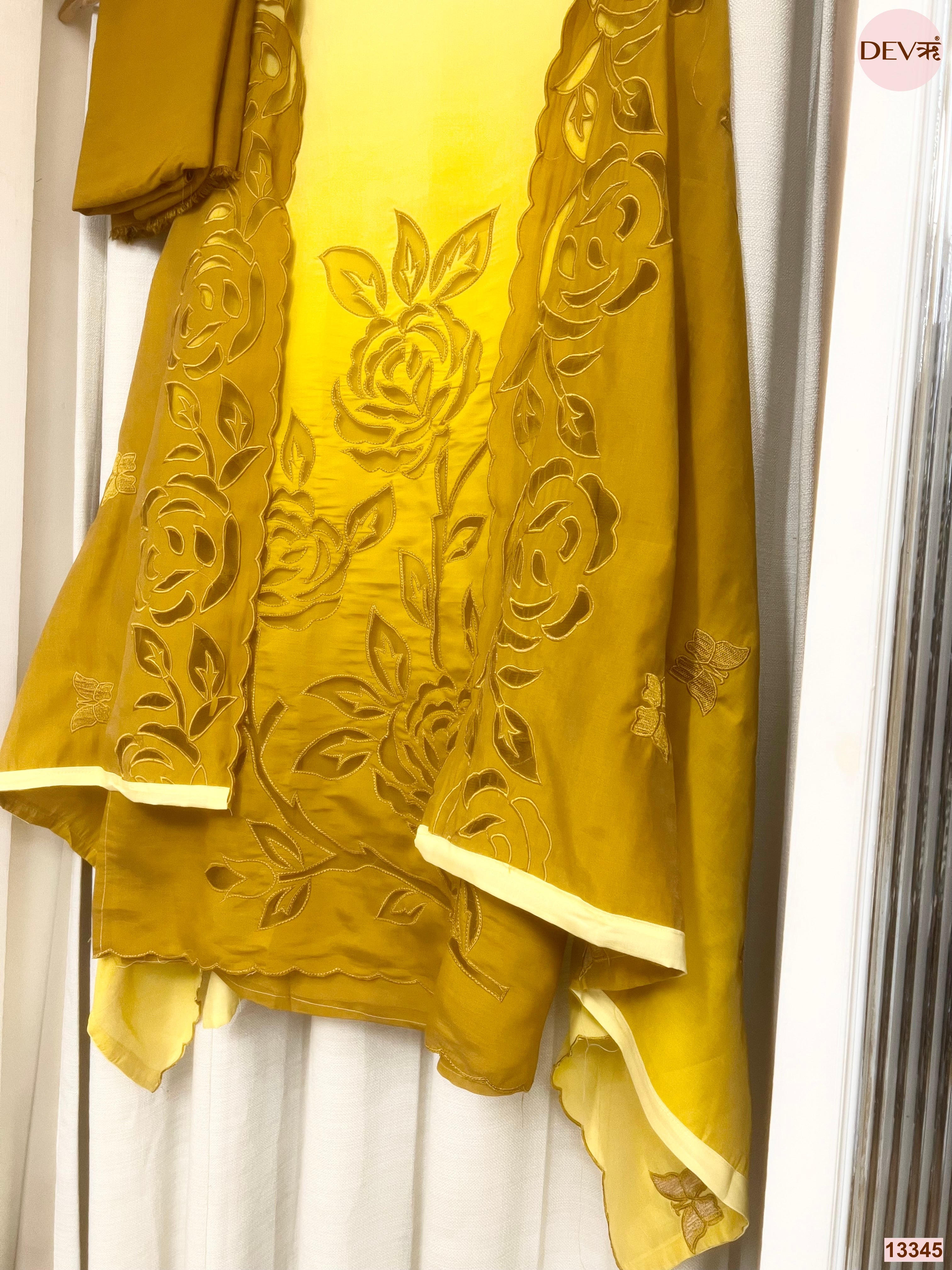 Yellow Mul Chanderi Embroidered Unstitched 3-Piece Suit (Devri – D.No 13345)