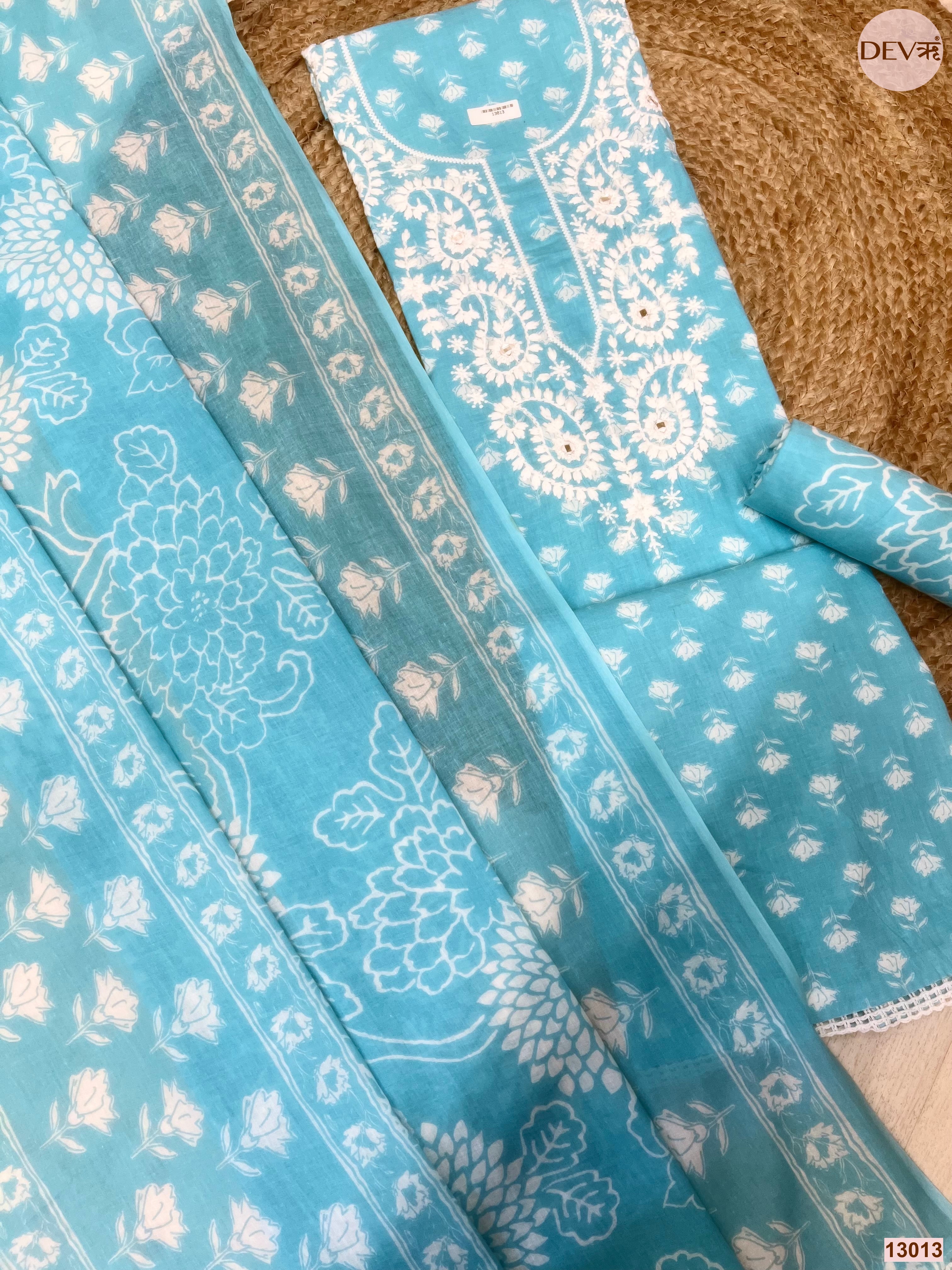 Blue Cotton Embroidered Unstitched 3-Piece Suit (Devri – D.No 13013)