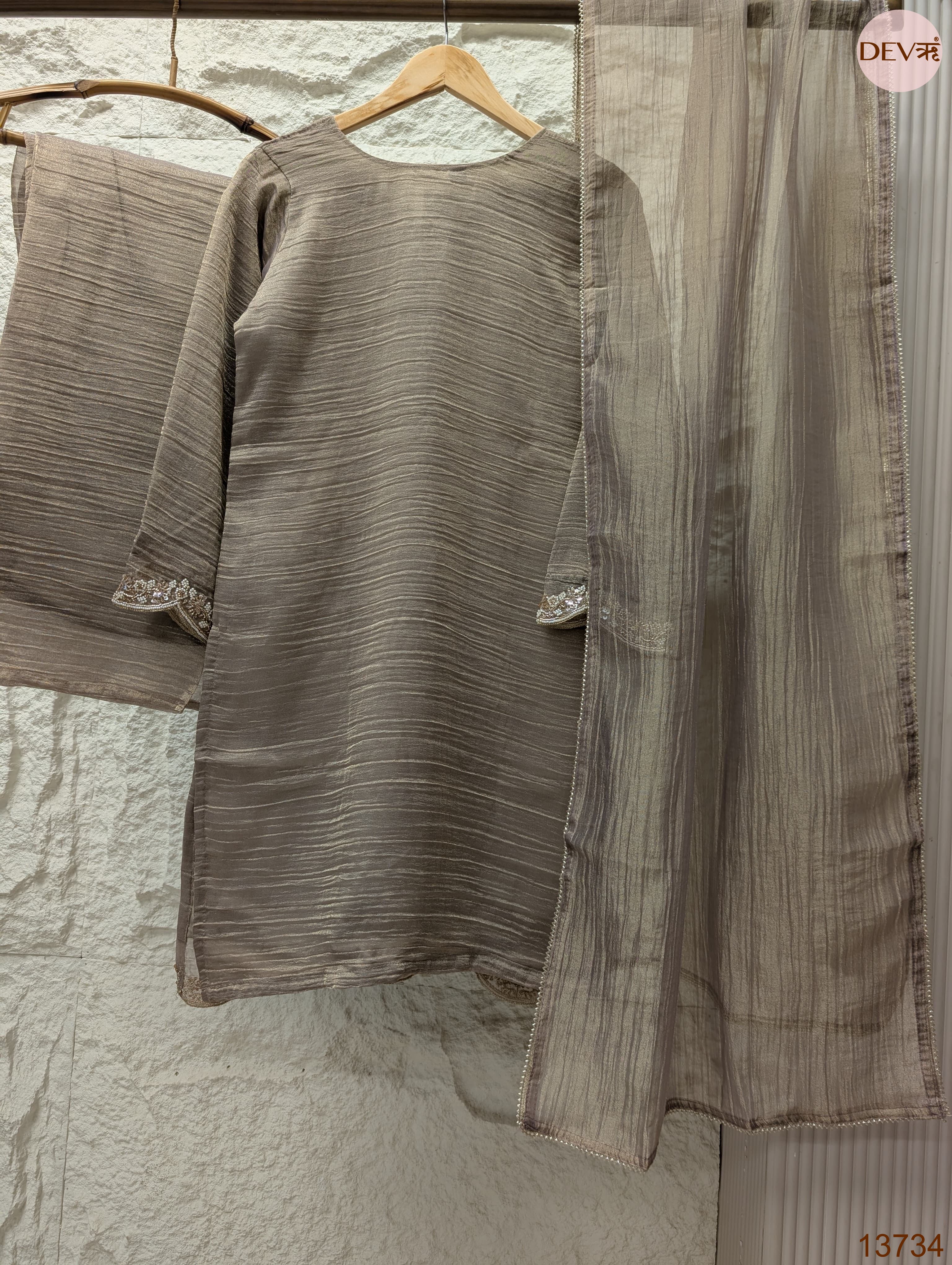 Zareen Tissue crush silk Embroidered Taupe 3-Piece Set (Devri – D.No 13734)