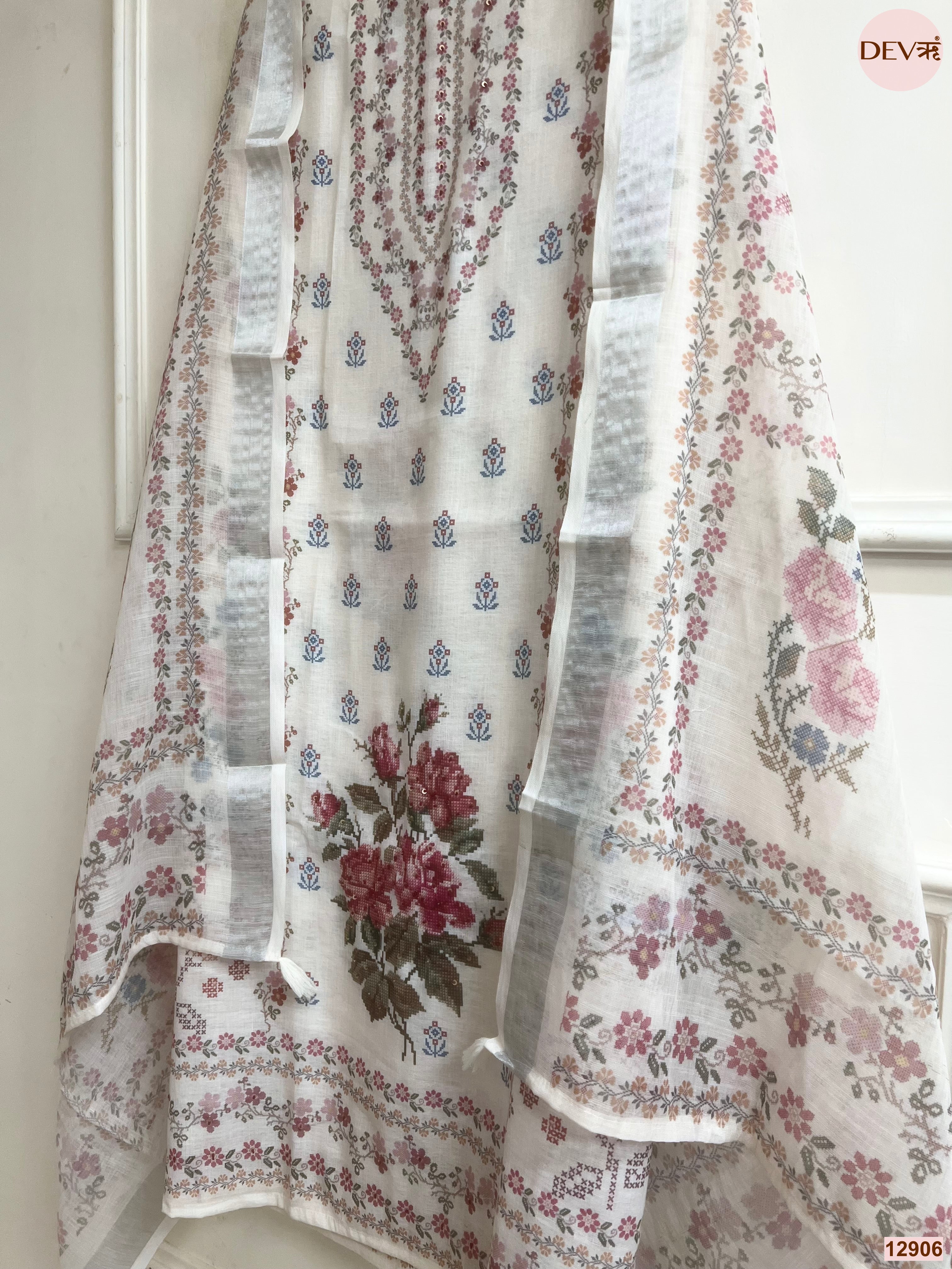Cream Linen Printed Unstitched 3-Piece Suit (Devri – D.No 12906)