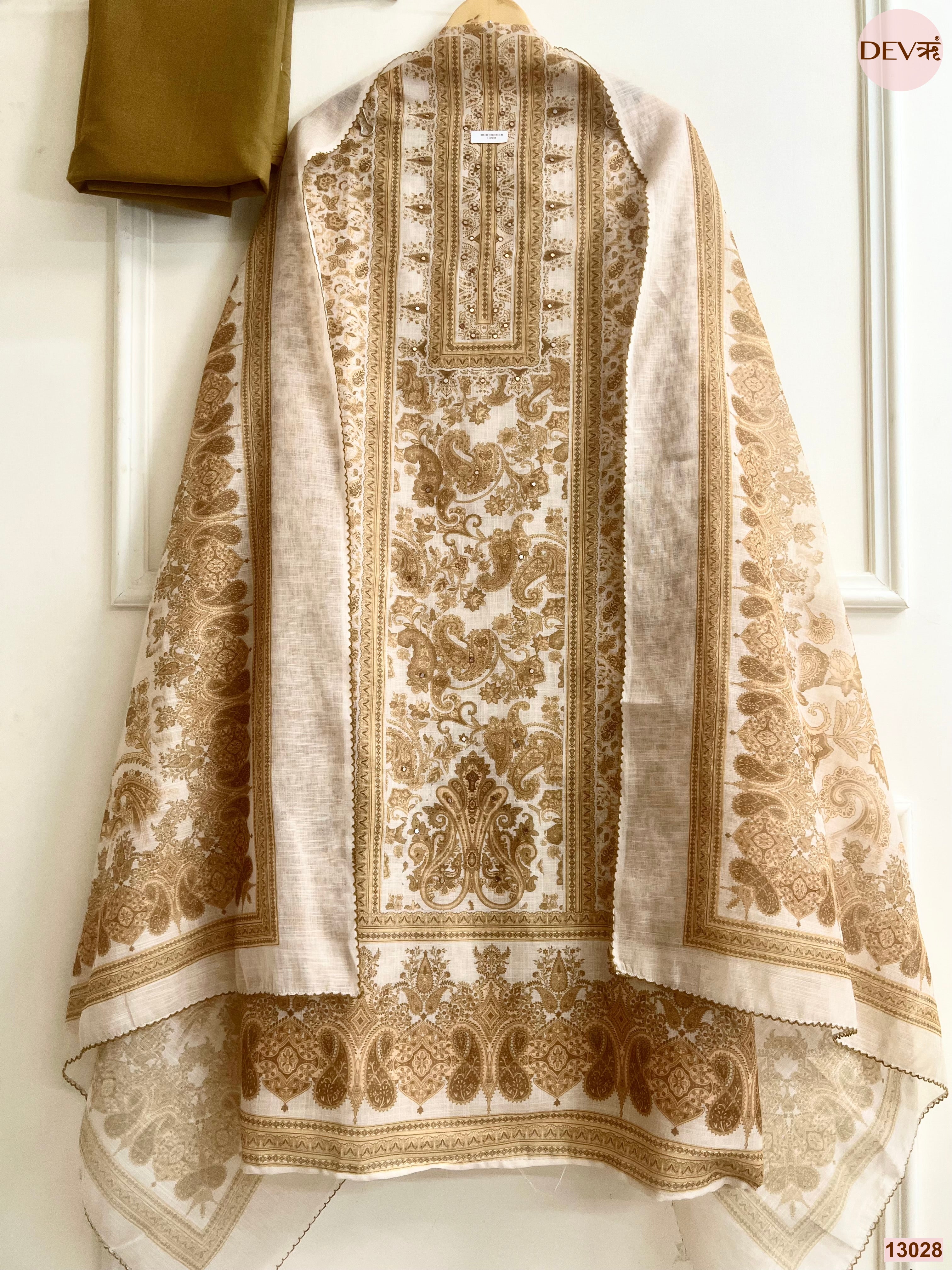 Cream Linen Printed Unstitched 3-Piece Suit (Devri – D.No 13028)