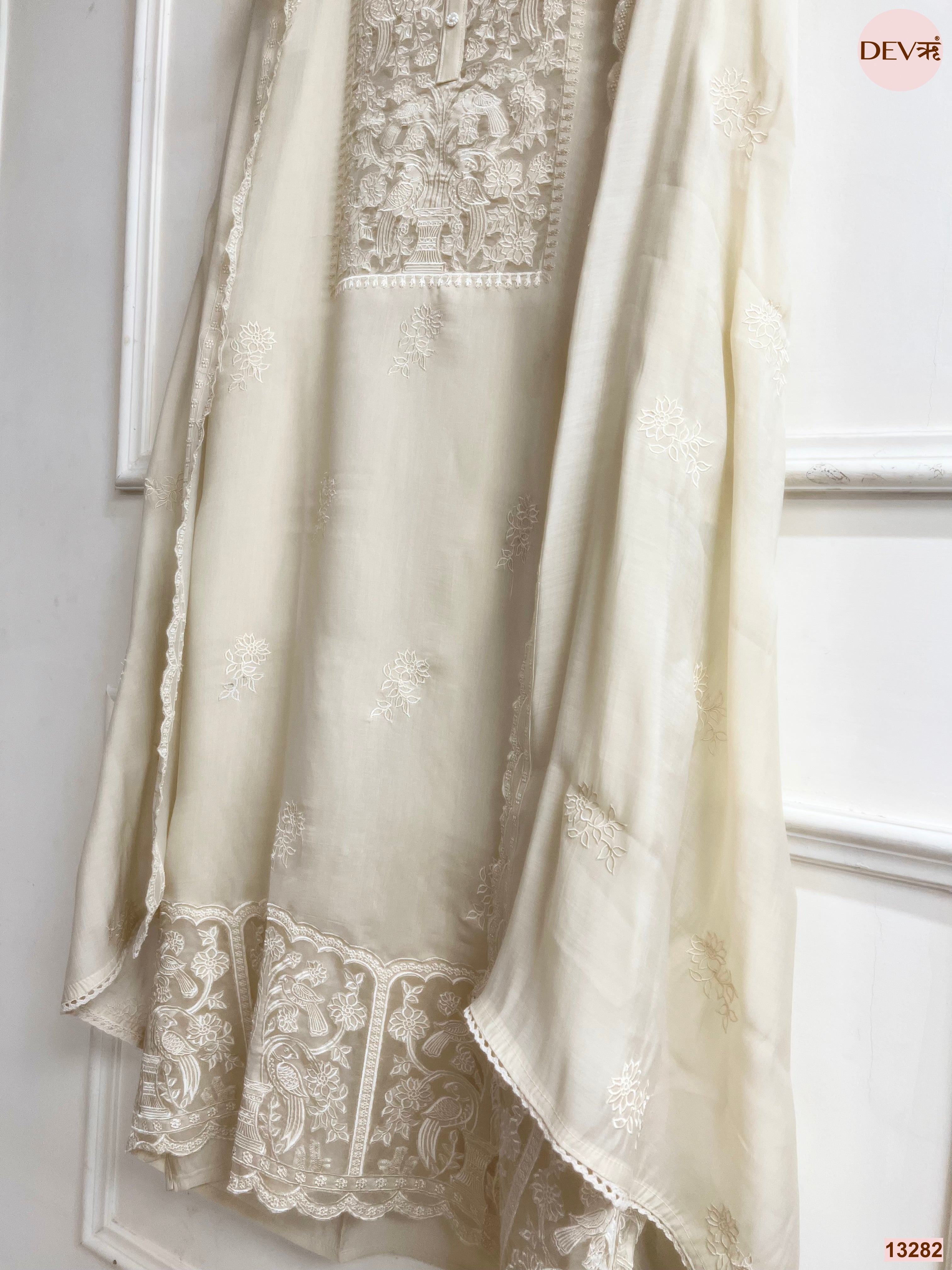 Cream Mul Cotton Embroidered Unstitched 3-Piece Suit (Devri – D.No 13282)