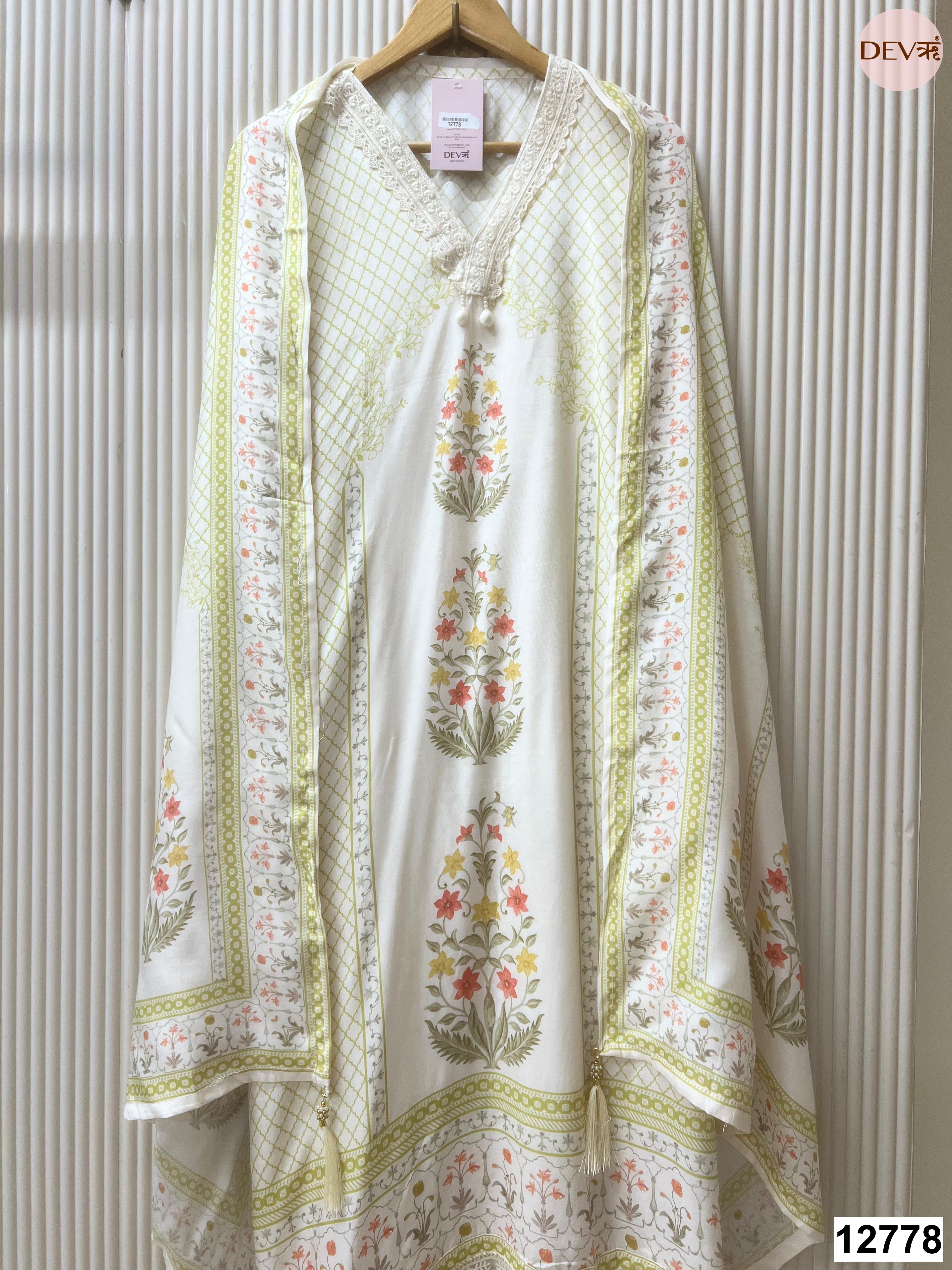 White Muslin Printed Unstitched 3-Piece Suit (Devri – D.No 12778)