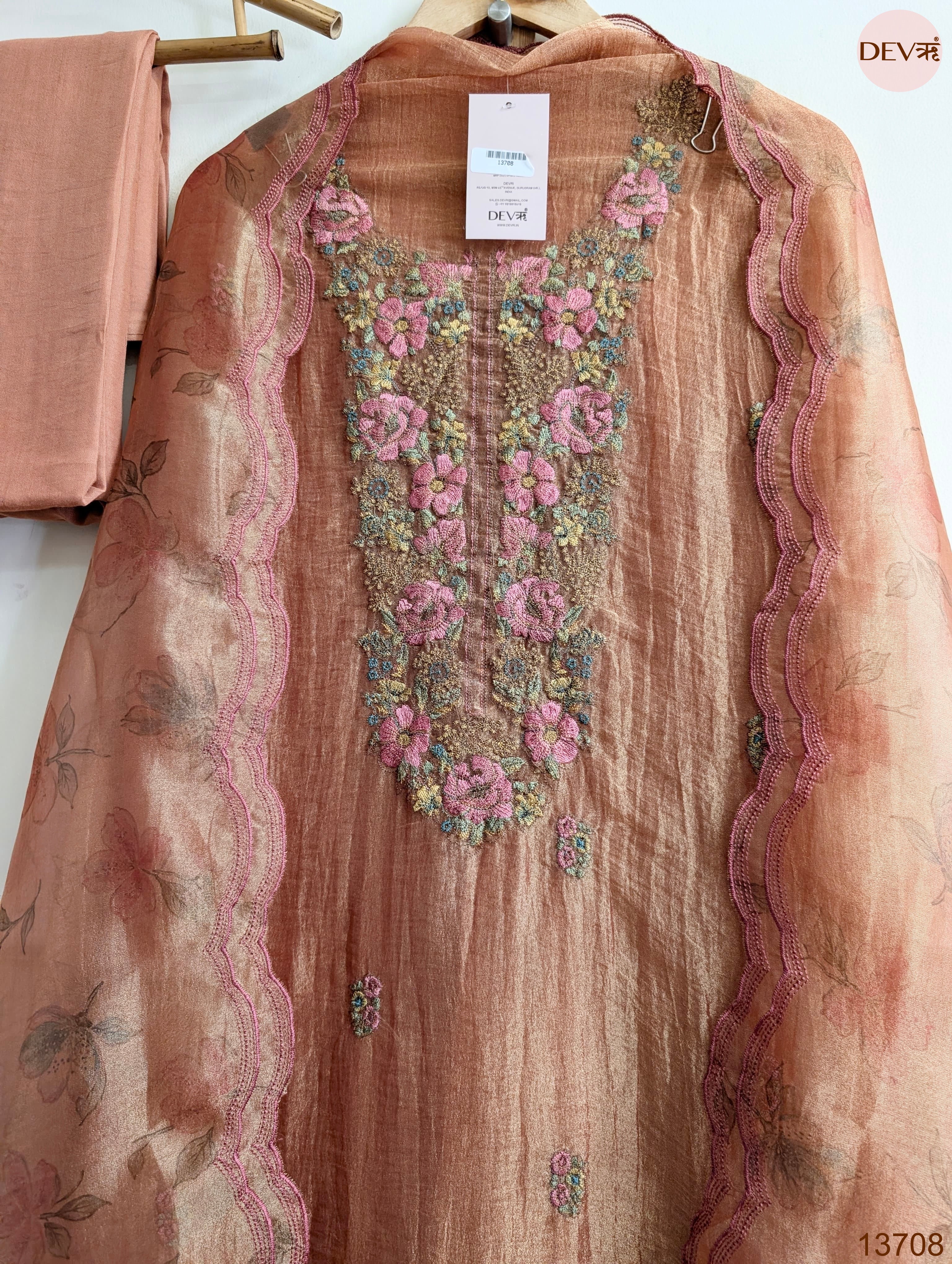 Peach Crush Tissue Silk Embroidered Unstitched 3-Piece Suit (Devri – D.No 13708)