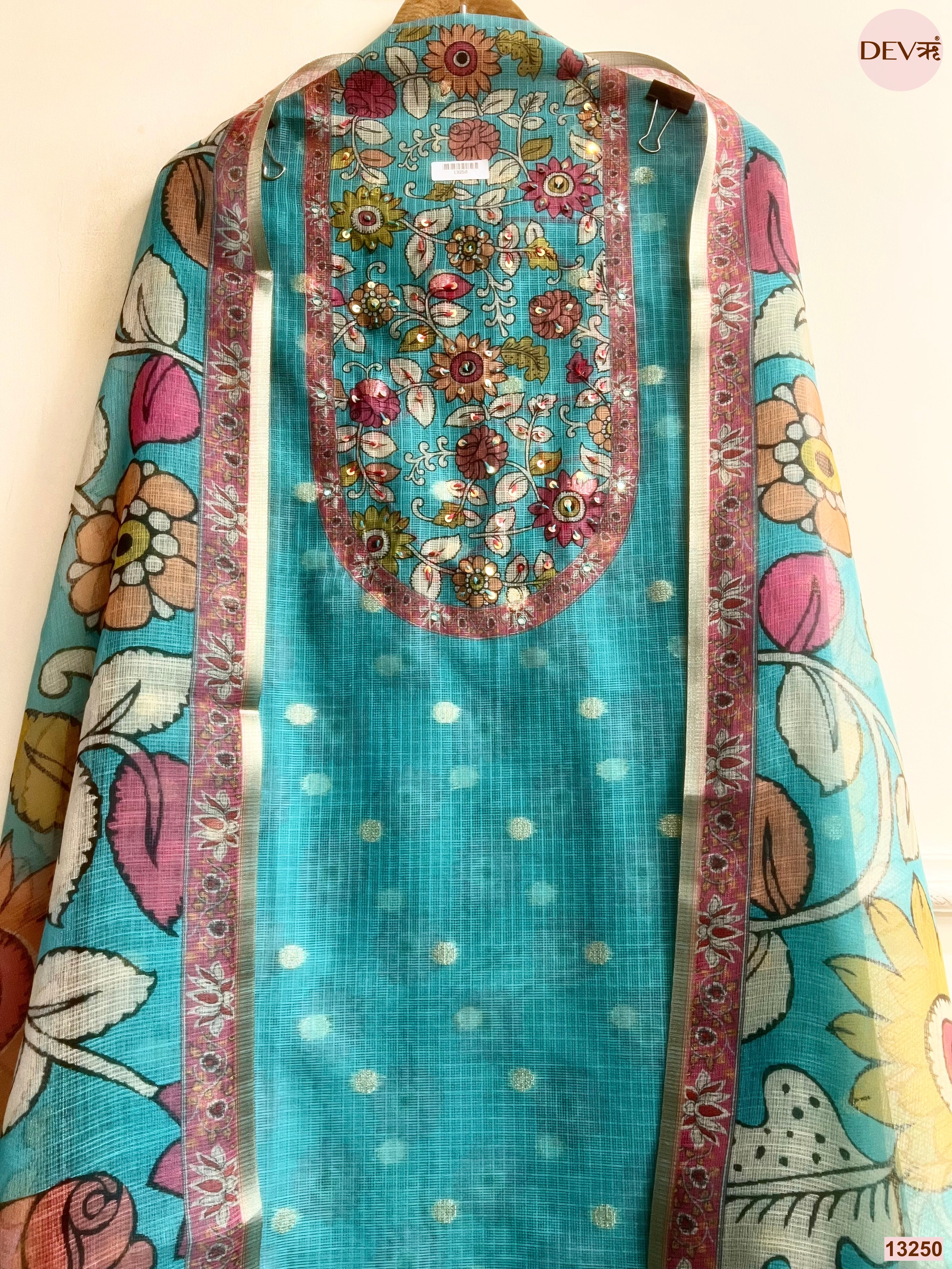 Turquoise Kota Printed Unstitched 3-Piece Suit (Devri – D.No 13250)
