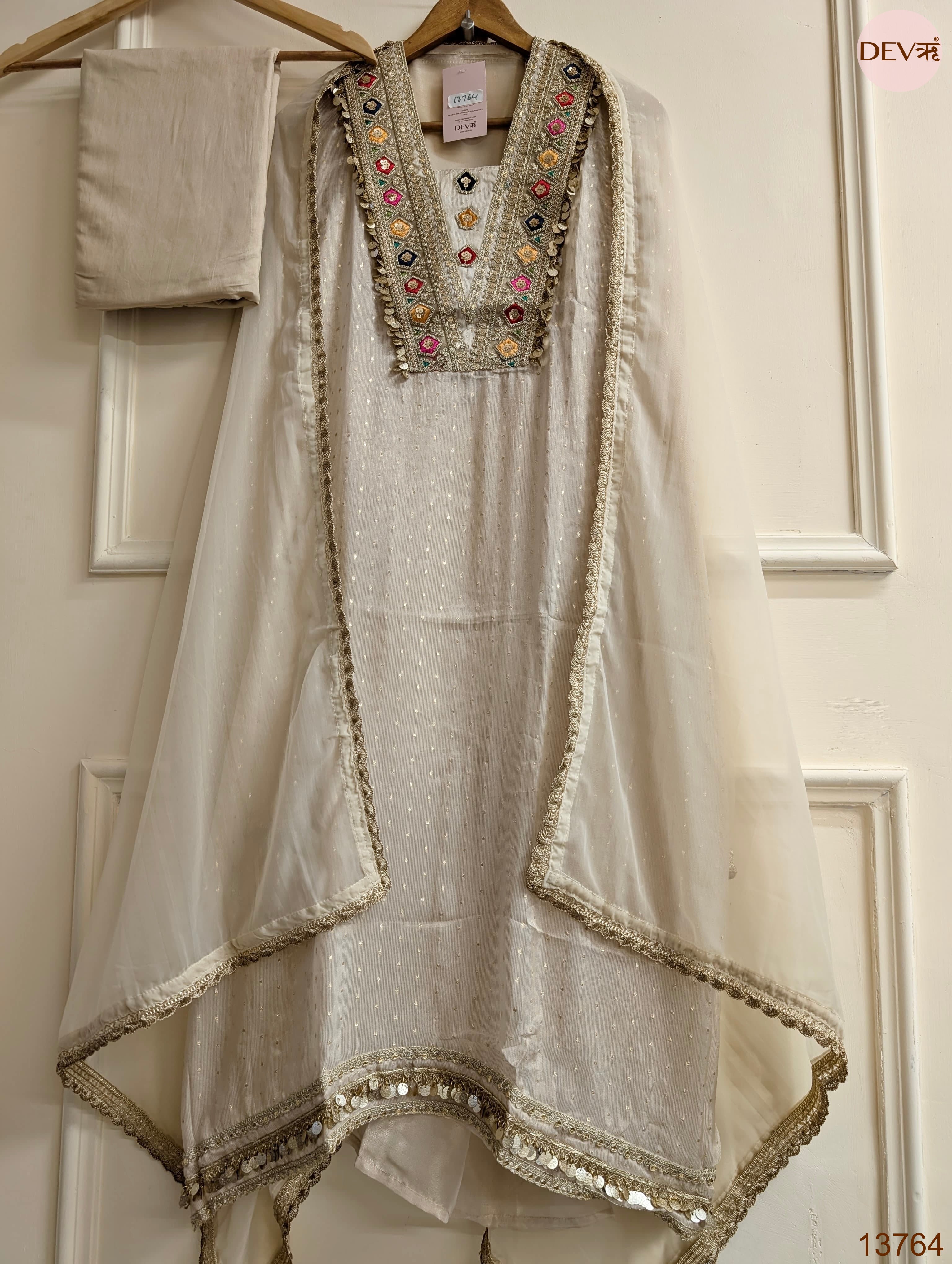 Off White Pure tissue silk Embroidered Unstitched 3-Piece Suit (Devri – D.No 13764)