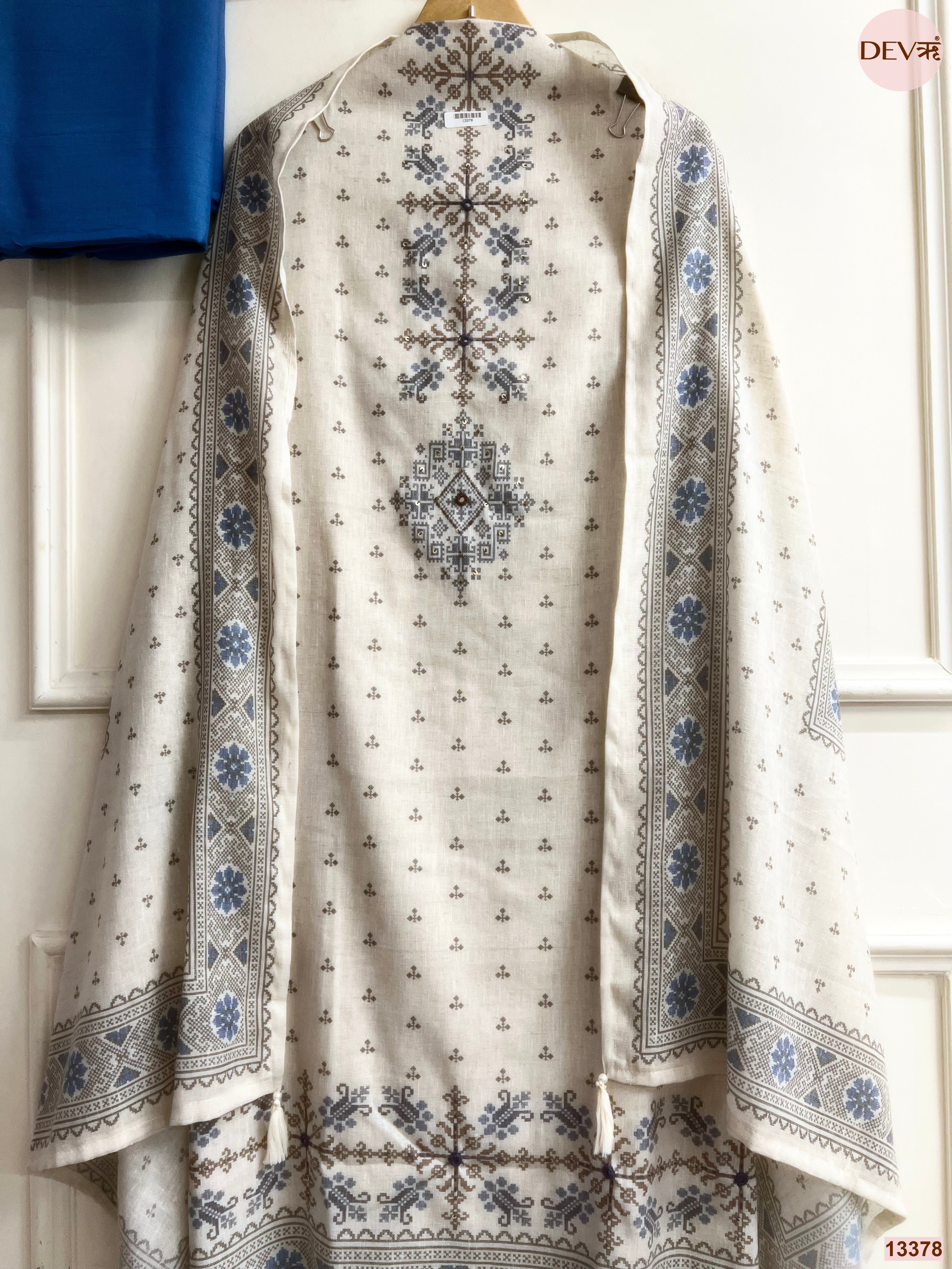 Off White Khadi Cotton Printed Unstitched 3-Piece Suit (Devri – D.No 13378)