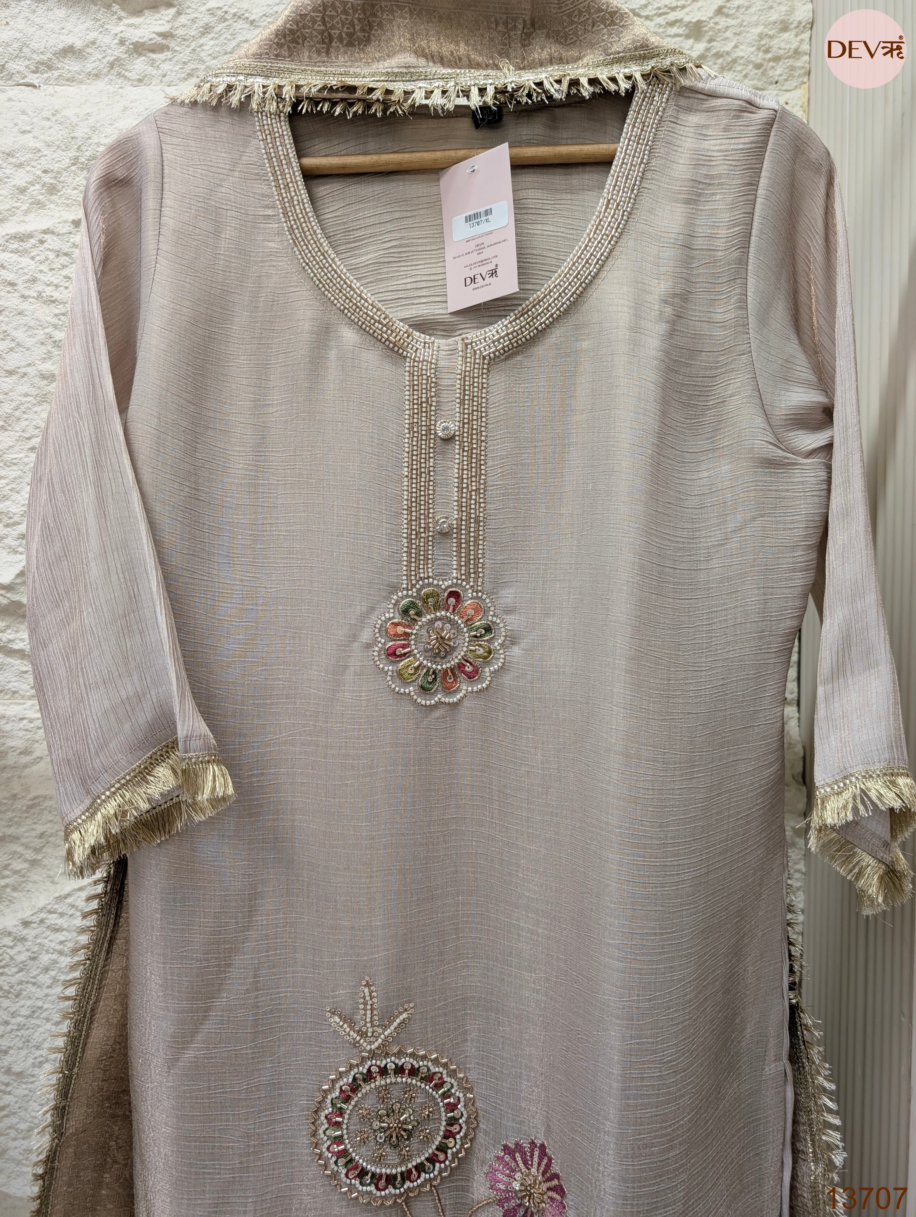 Gulnaar Tissue silk blend Embroidered Beige 3-Piece Set (Devri – D.No 13707)