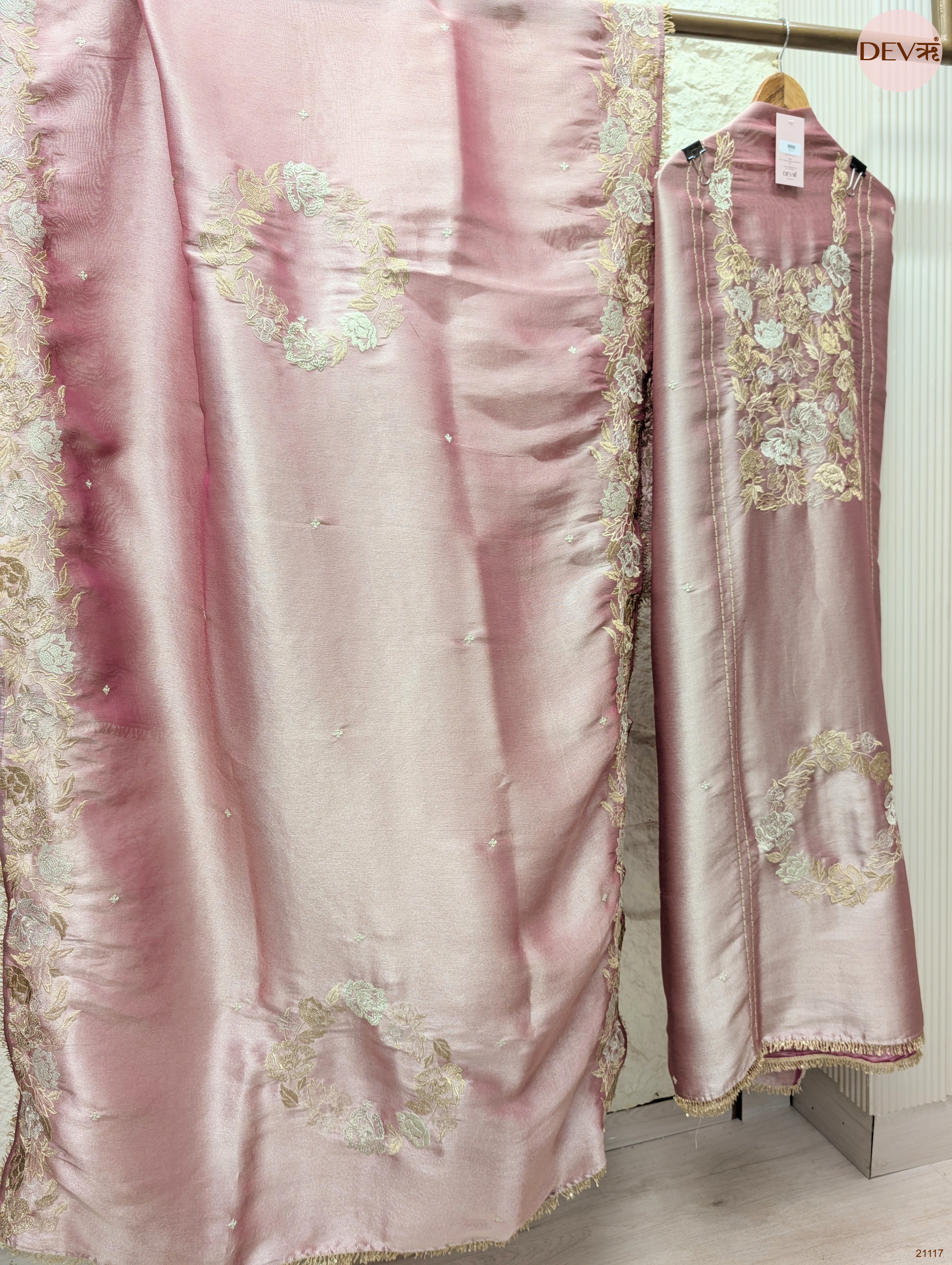 Pink Pure Giraffe Silk Embroidered Unstitched 3-Piece Suit (Devri – D.No 21117)