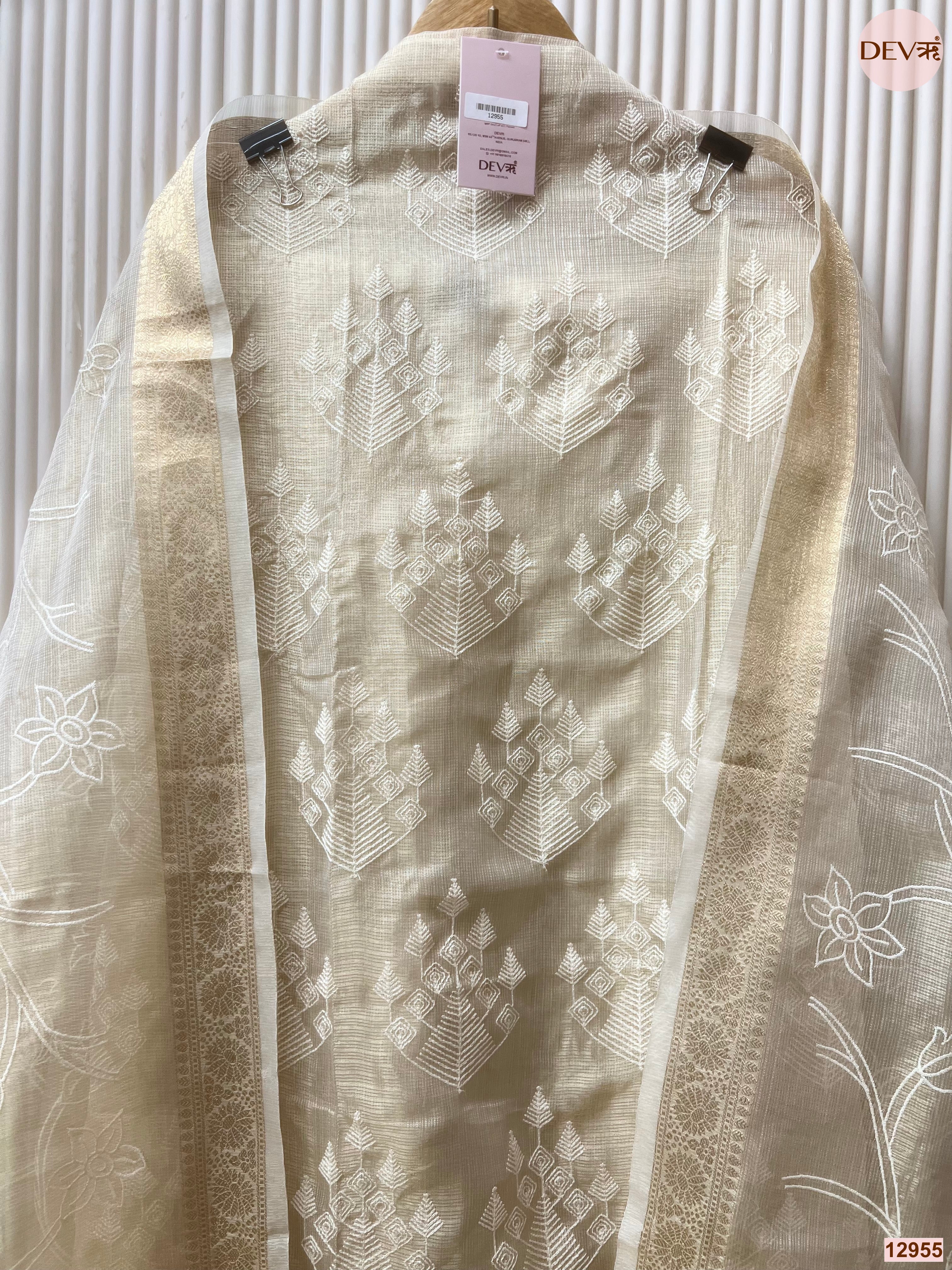 Cream Kota silk Embroidered Unstitched 3-Piece Suit (Devri – D.No 12955)