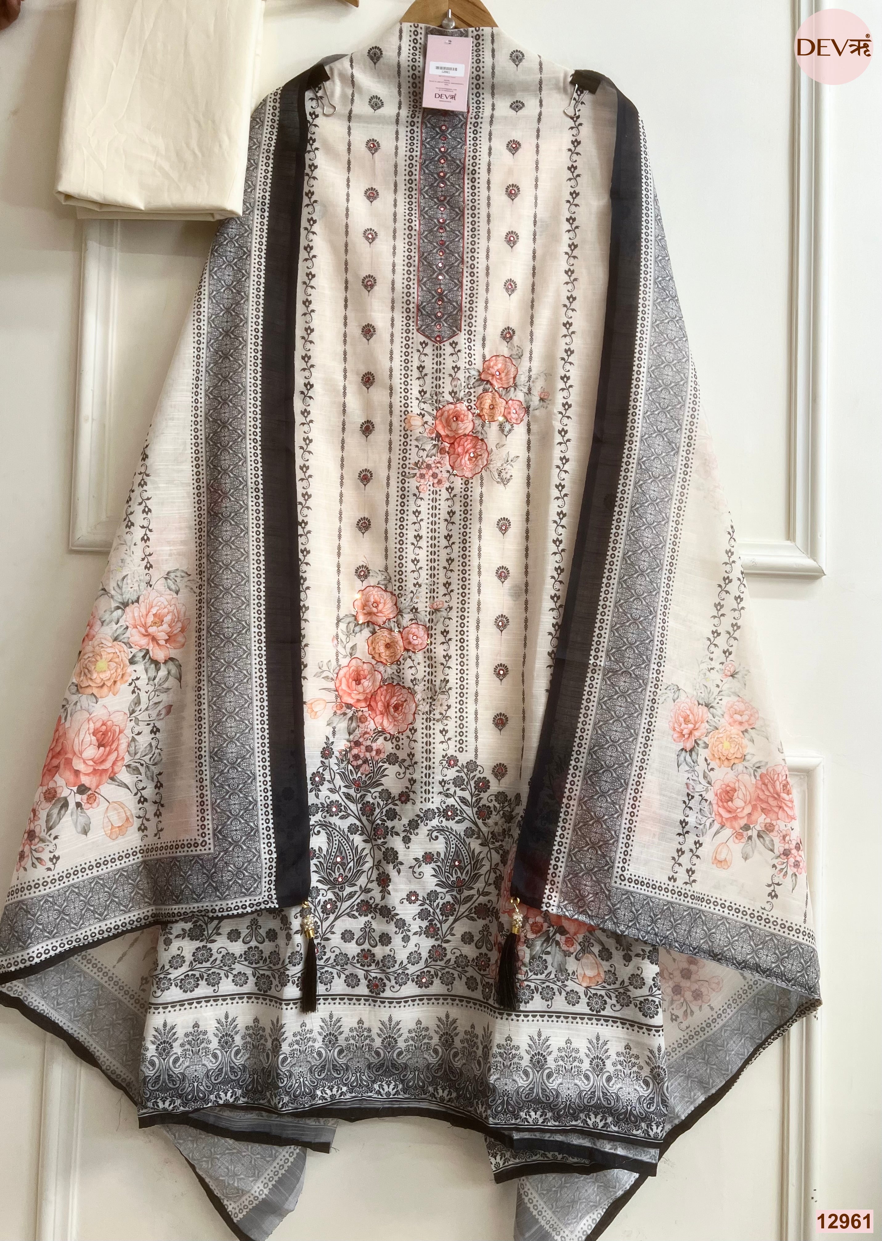 Cream Linen Cotton Printed Unstitched 3-Piece Suit (Devri – D.No 12961)