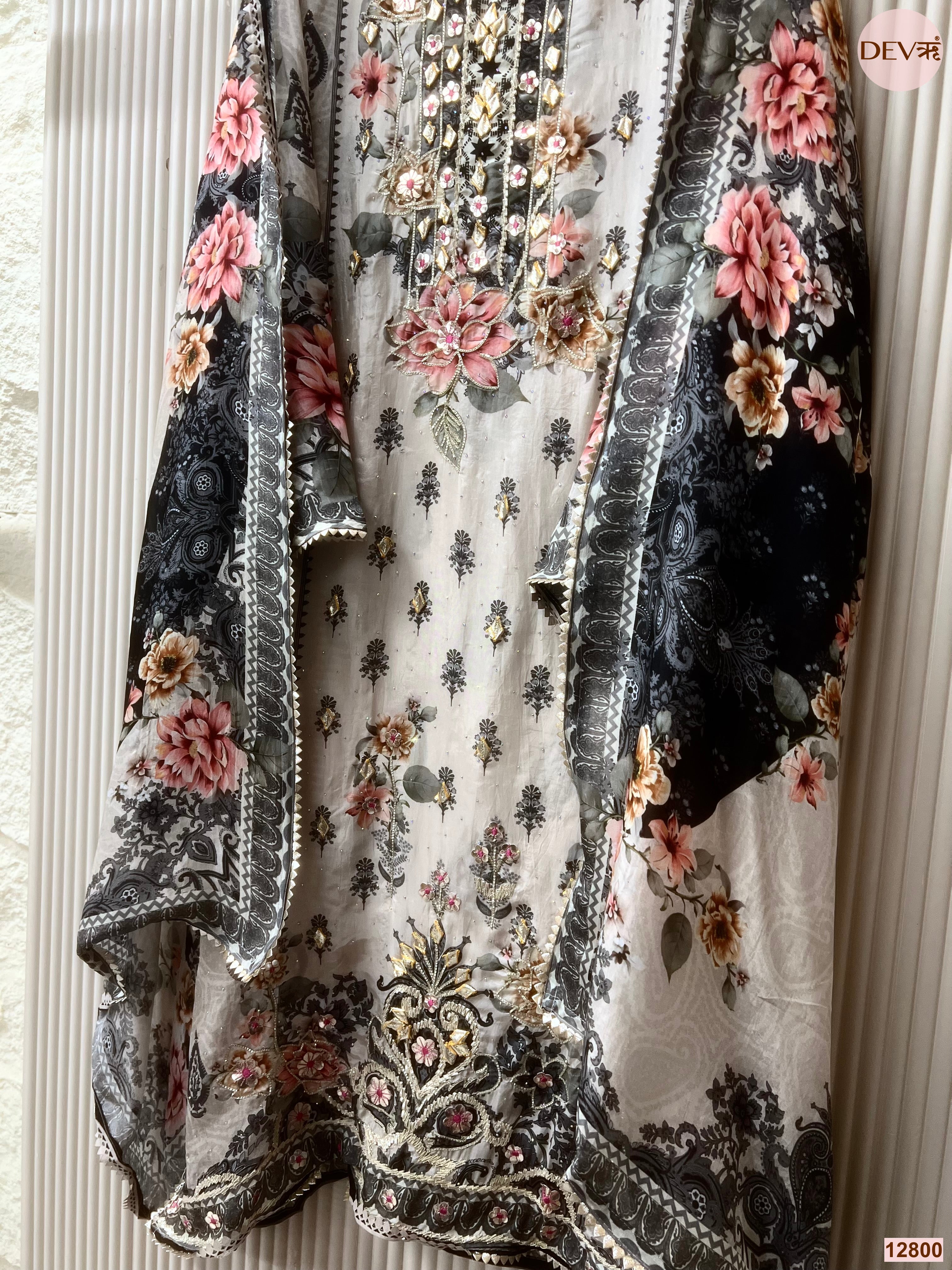 Grey Glass organza Silk Printed Unstitched 3-Piece Suit (Devri – D.No 12800)