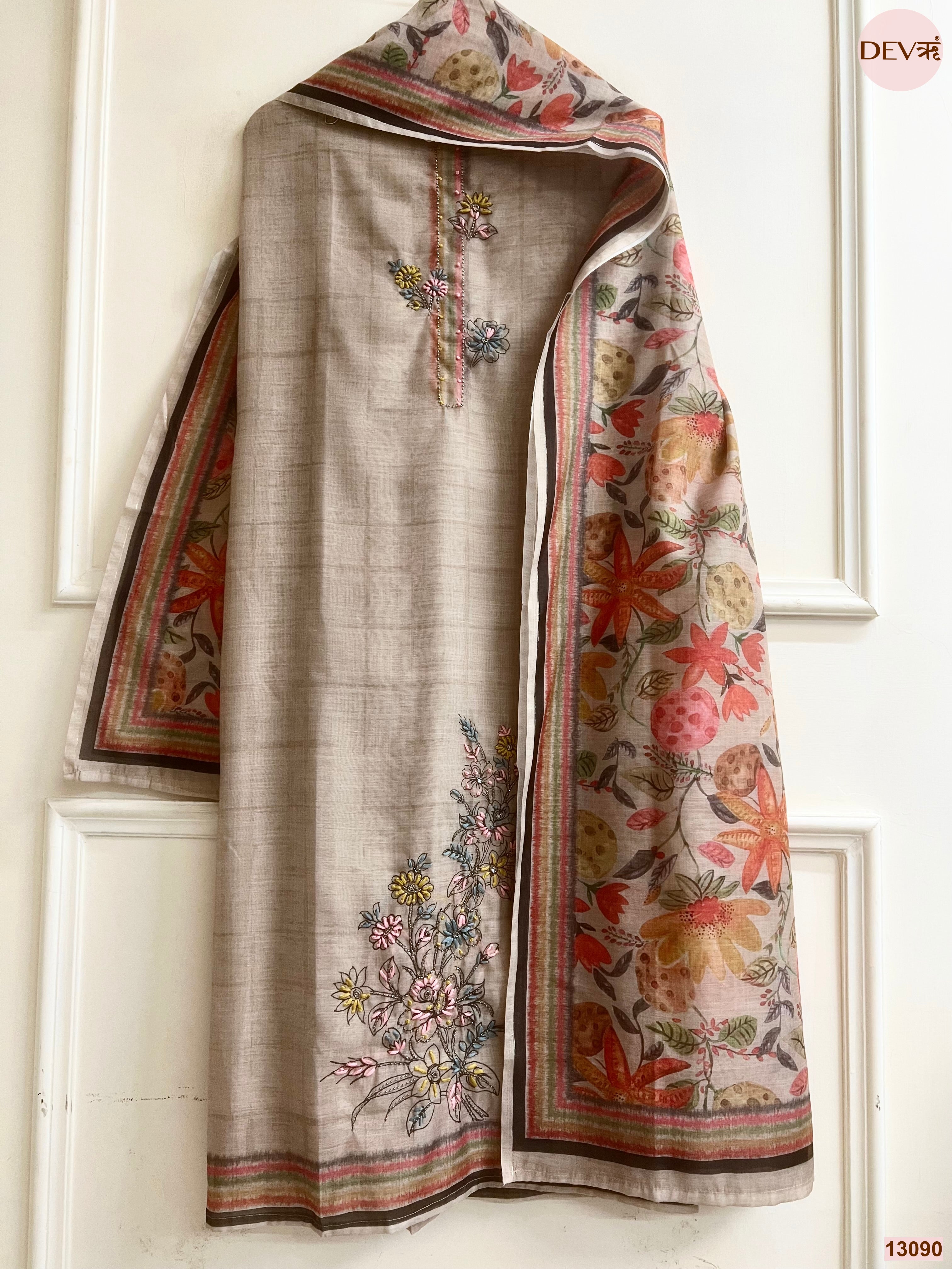 Grey Mul Chanderi Embroidered Unstitched 3-Piece Suit (Devri – D.No 13090)