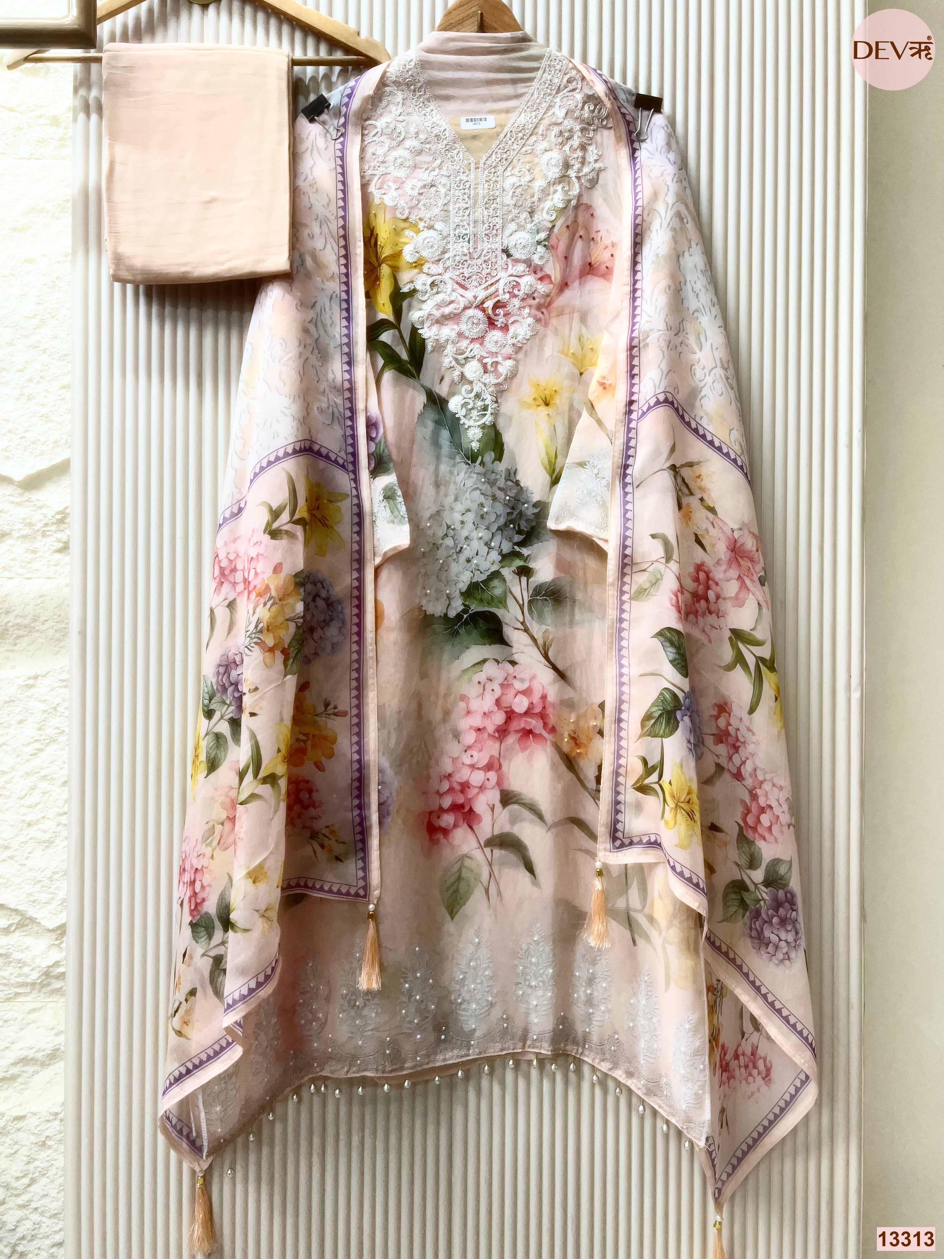 Peach Organza Printed Unstitched 3-Piece Suit (Devri – D.No 13313)