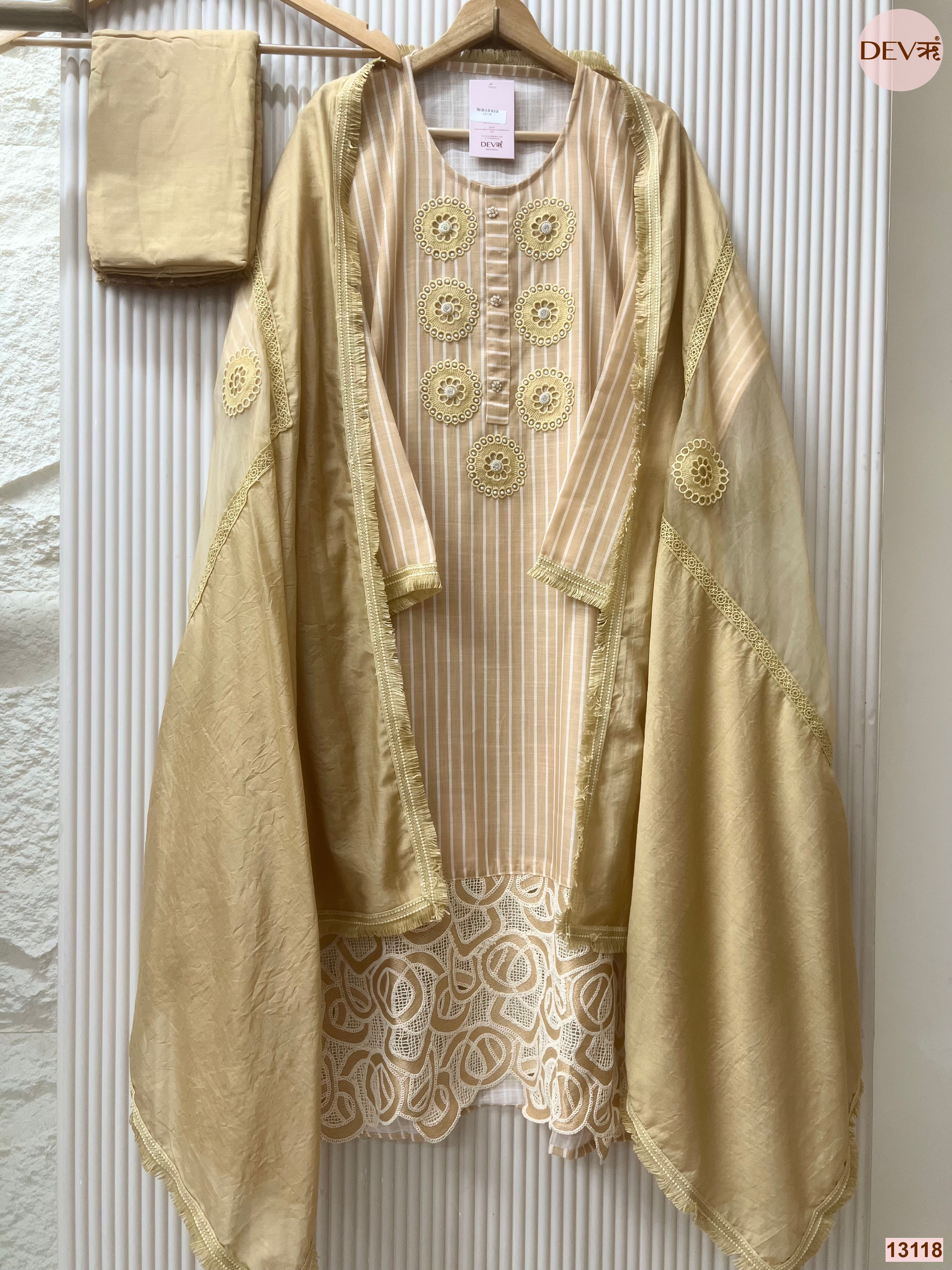 Beige Linen Cotton Embroidered Unstitched 3-Piece Suit (Devri – D.No 13118)