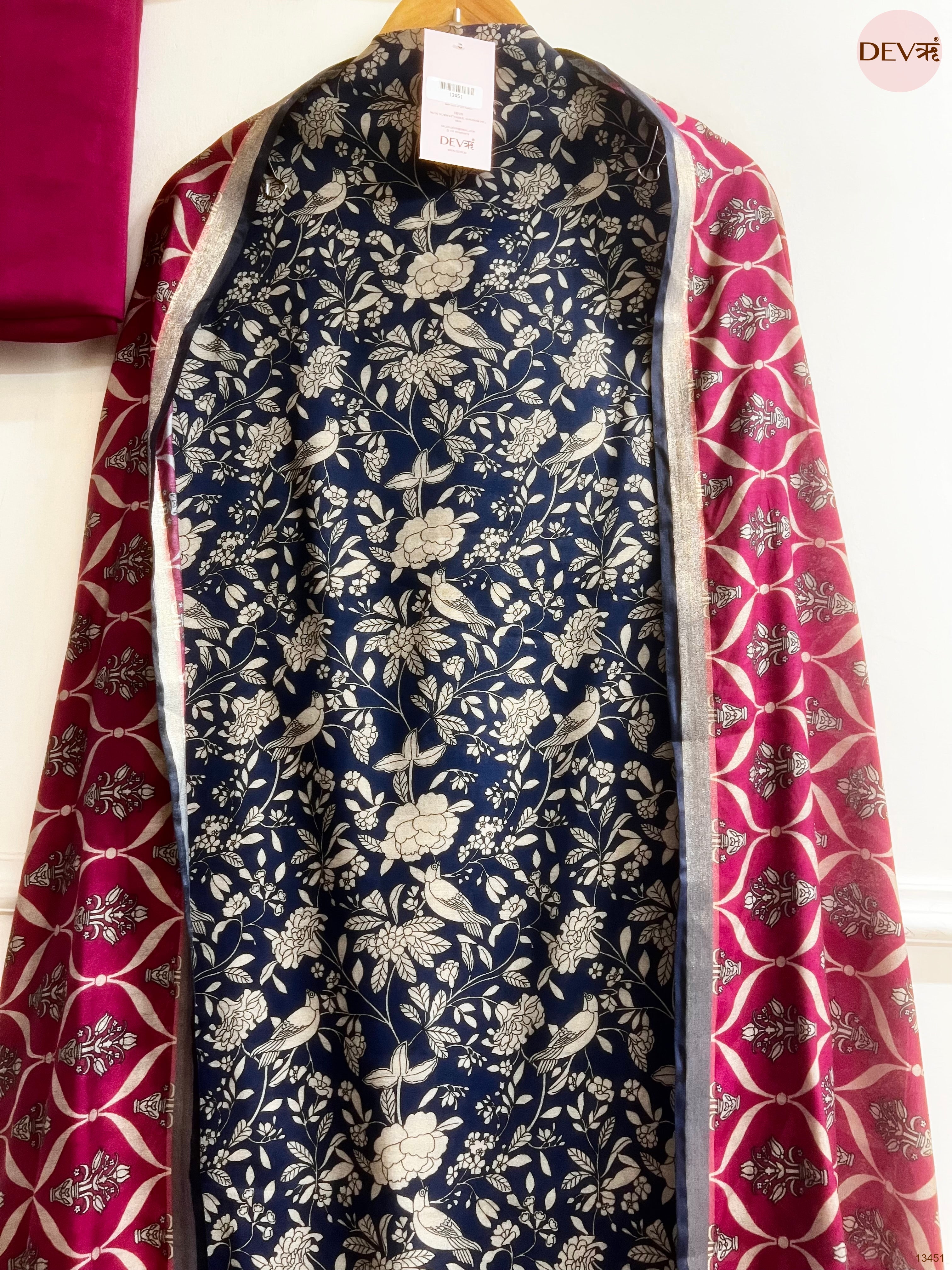 Navy Maheshwari Silk Printed Unstitched 3-Piece Suit (Devri – D.No 13451)