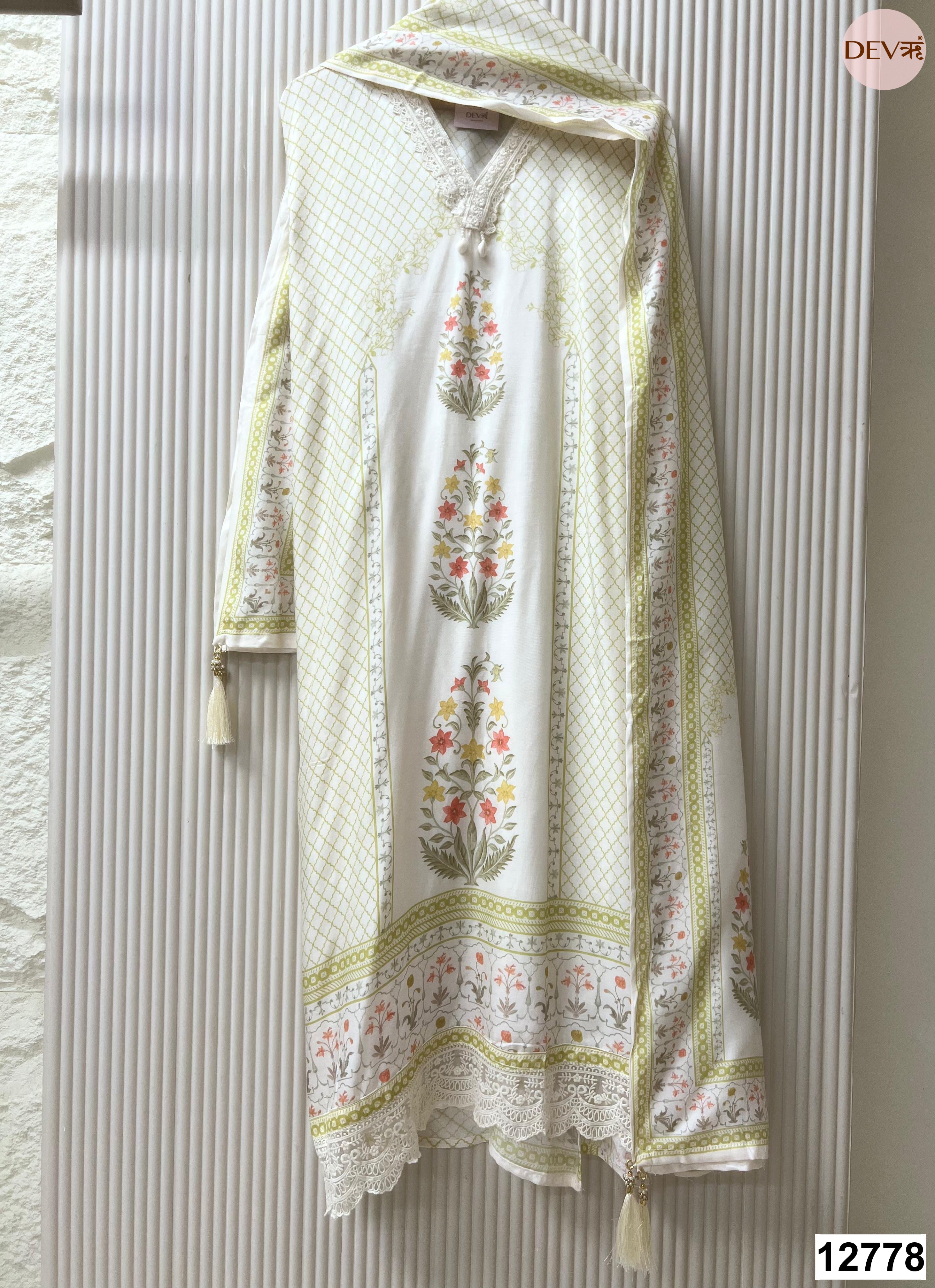 White Muslin Printed Unstitched 3-Piece Suit (Devri – D.No 12778)