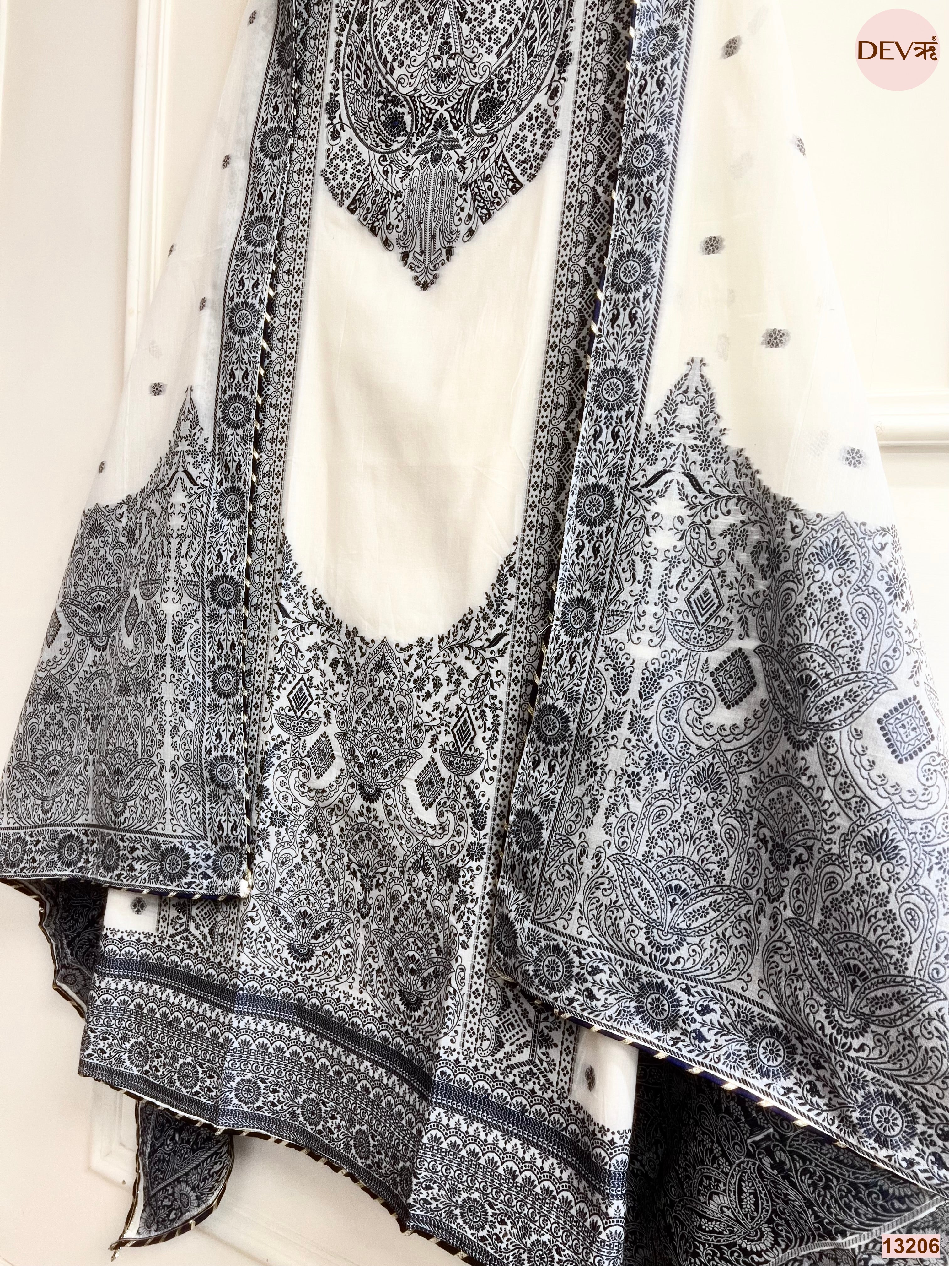 White Jamdani Cotton Printed Unstitched 3-Piece Suit (Devri – D.No 13206)