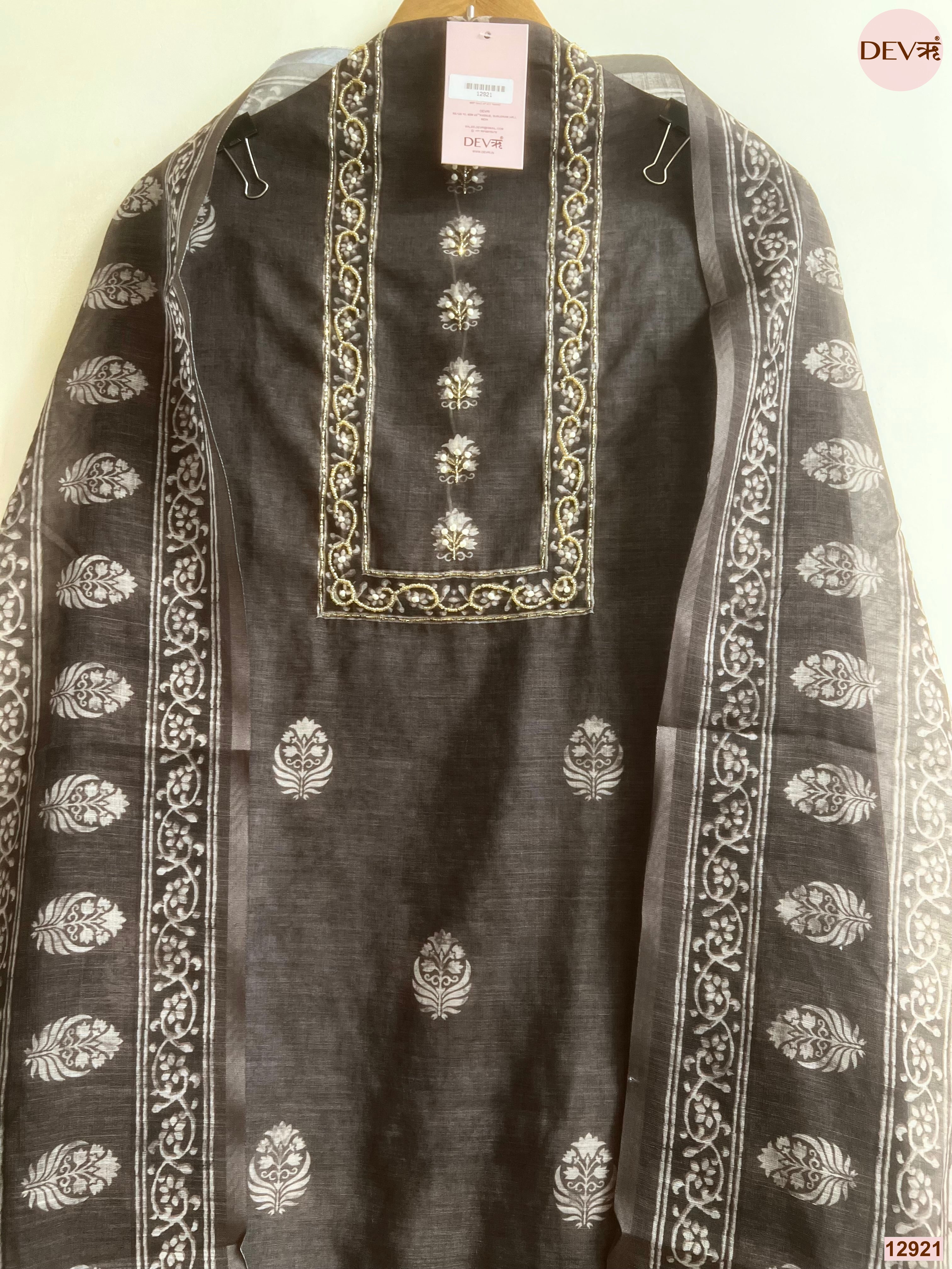 Black Linen Cotton Printed Unstitched 3-Piece Suit (Devri – D.No 12921)