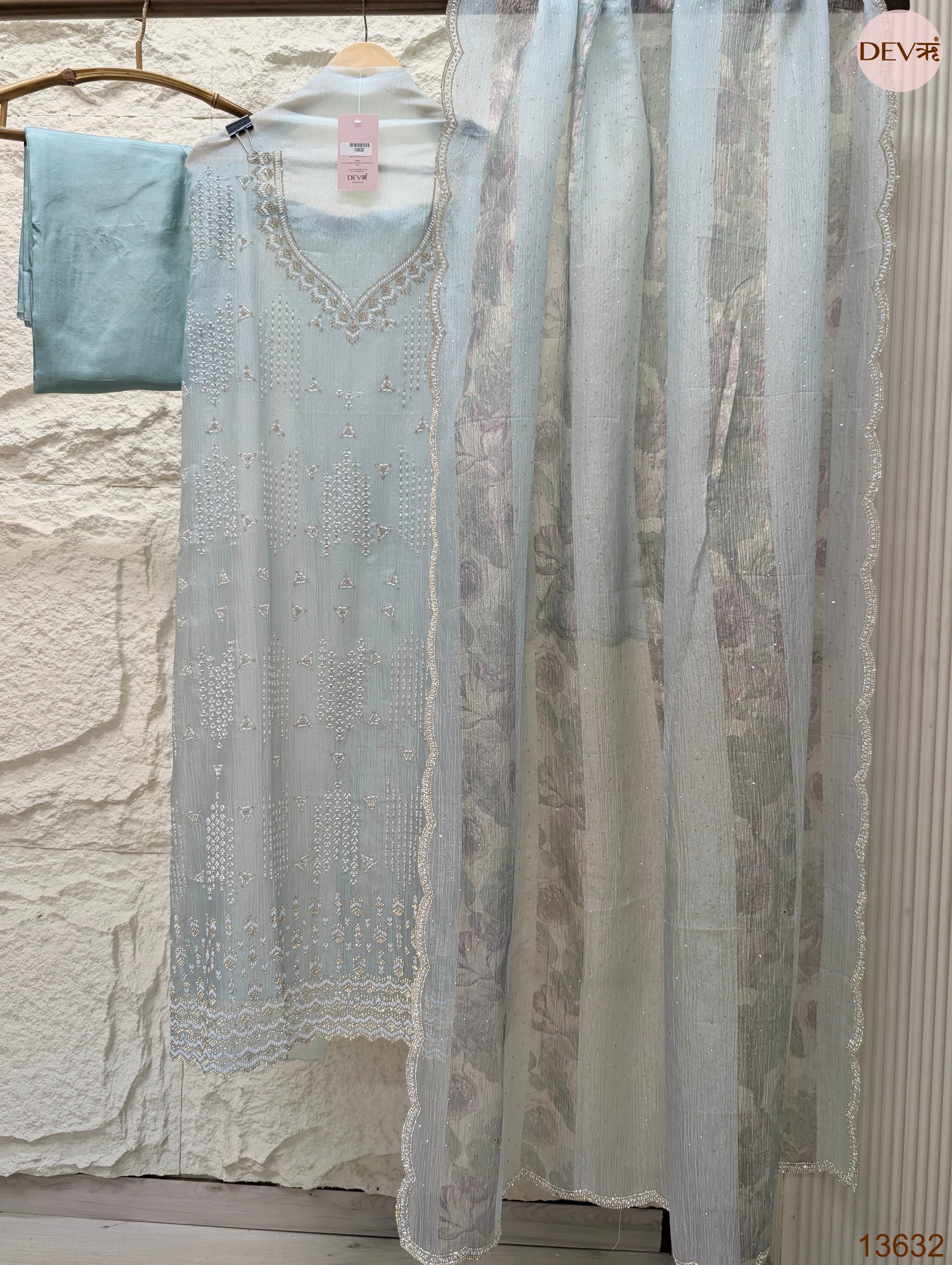Blue Tissue Crush Silk Embroidered Unstitched 3-Piece Suit (Devri – D.No 13632)