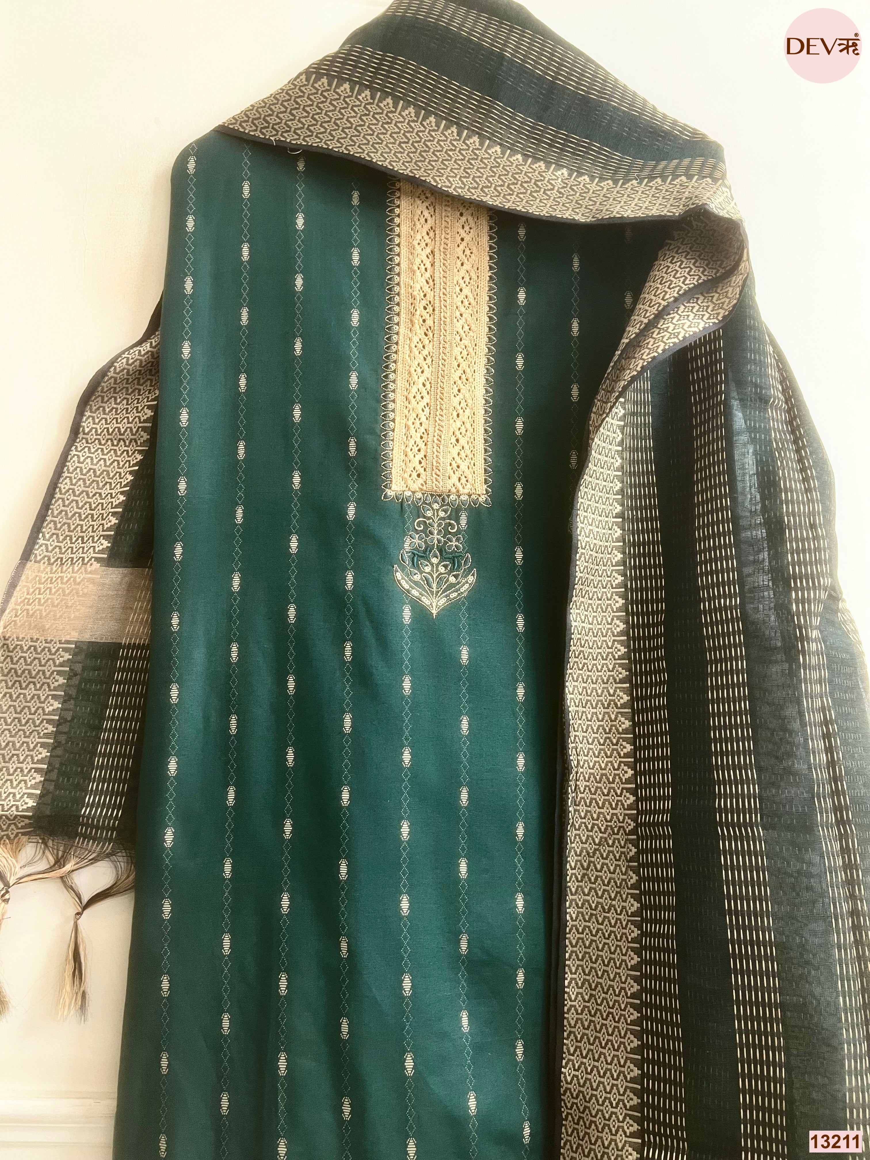 Green Cotton Handloom Printed Unstitched 3-Piece Suit (Devri – D.No 13211)