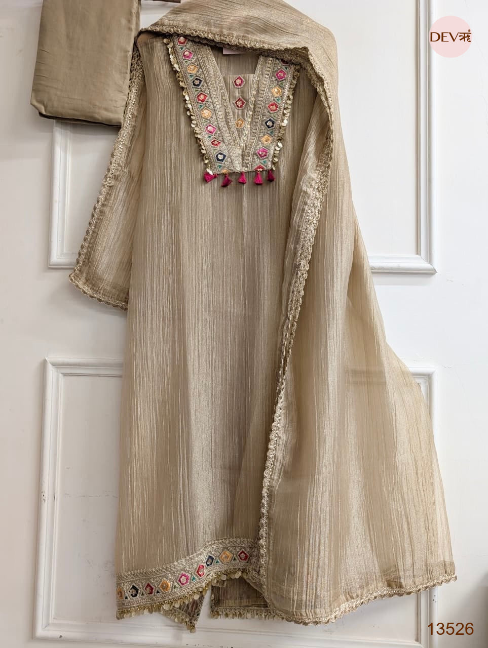 Beige Tissue Crush silk Embroidered Unstitched 3-Piece Suit (Devri – D.No 13526)