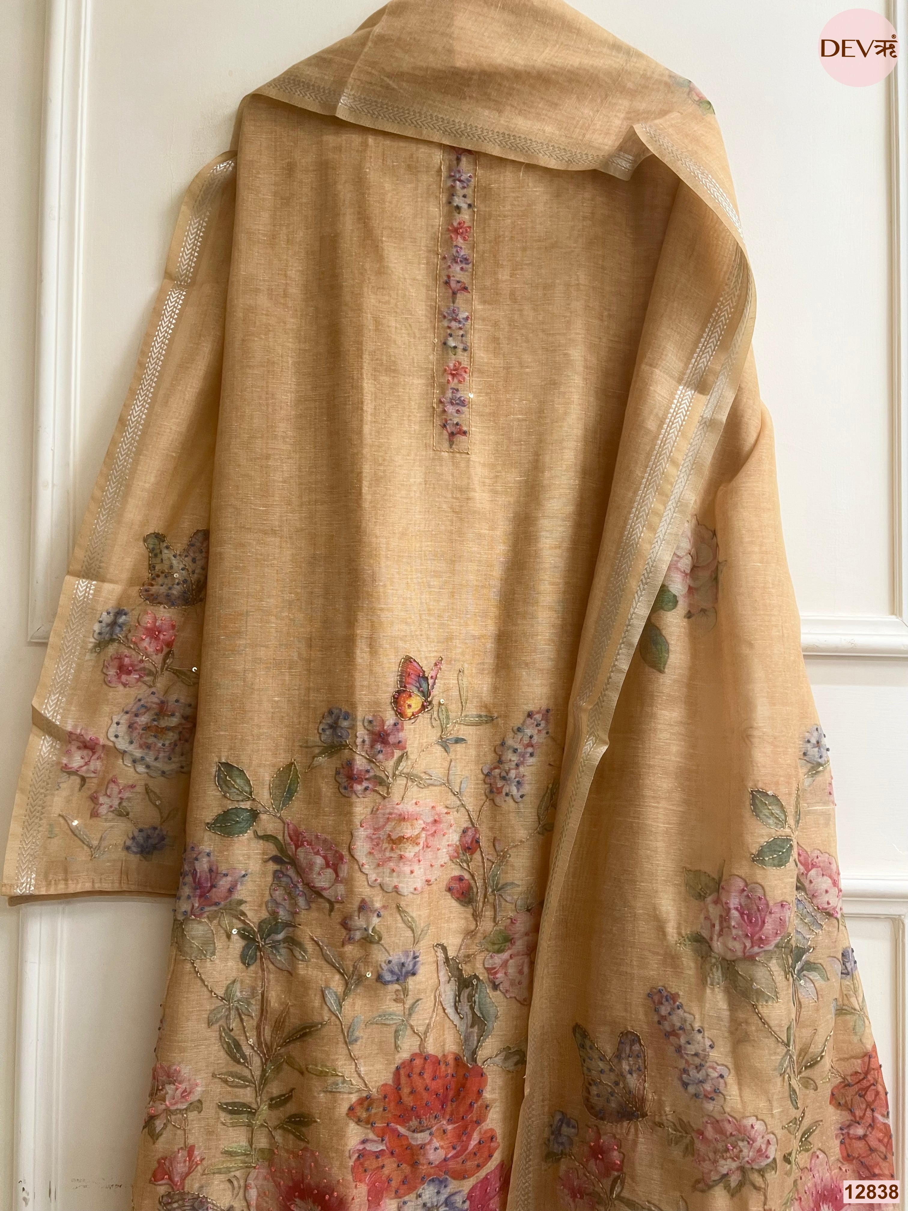 Beige Mul Chanderi Printed Unstitched 3-Piece Suit (Devri – D.No 12838)
