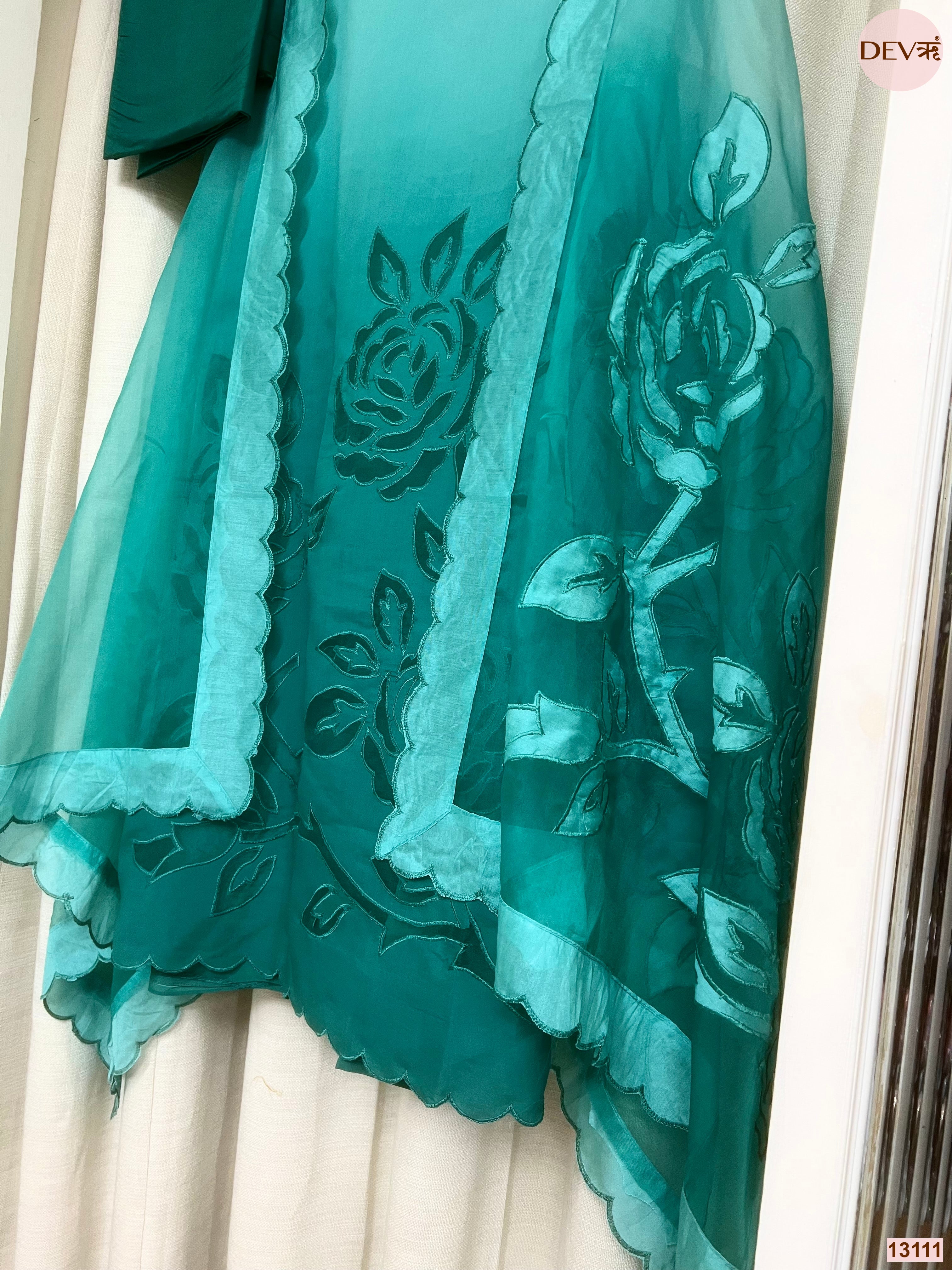 Turquoise Mul Chanderi Embroidered Unstitched 3-Piece Suit (Devri – D.No 13111)