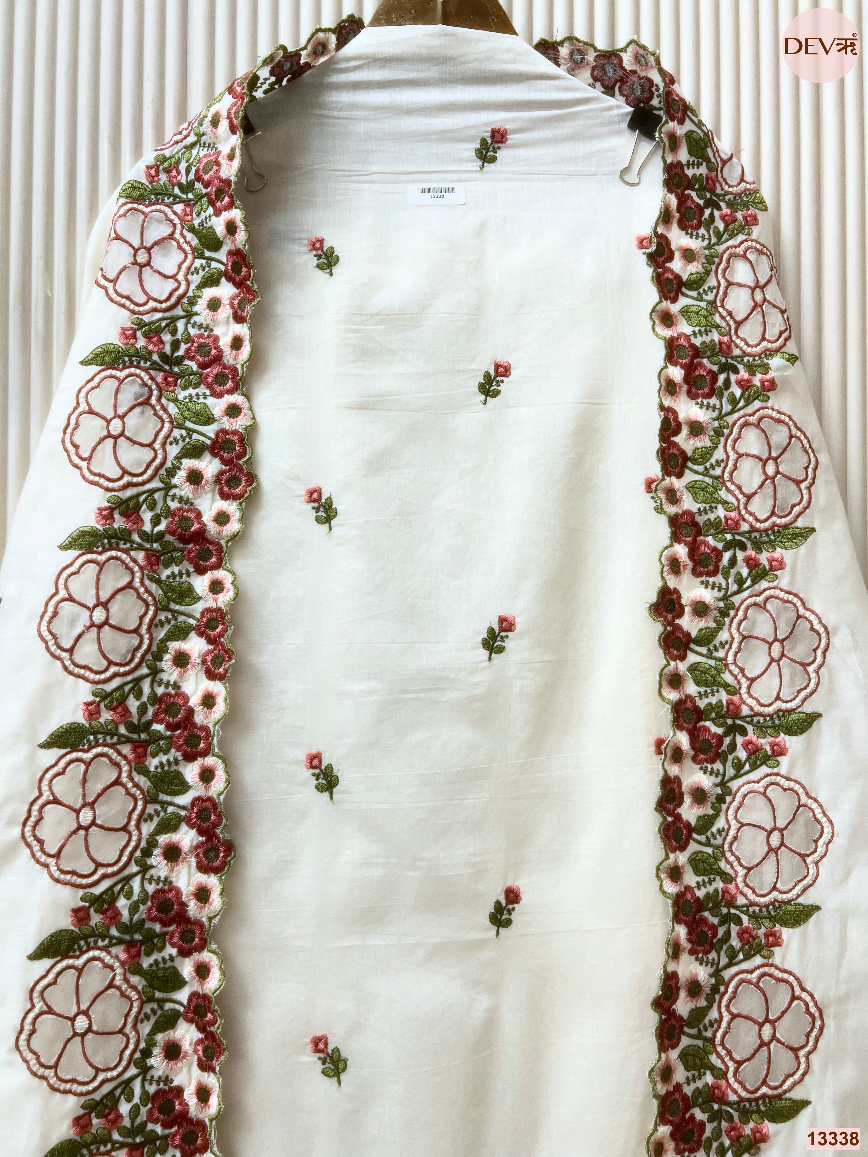 White Mul Chanderi Embroidered Unstitched 3-Piece Suit (Devri – D.No 13338)